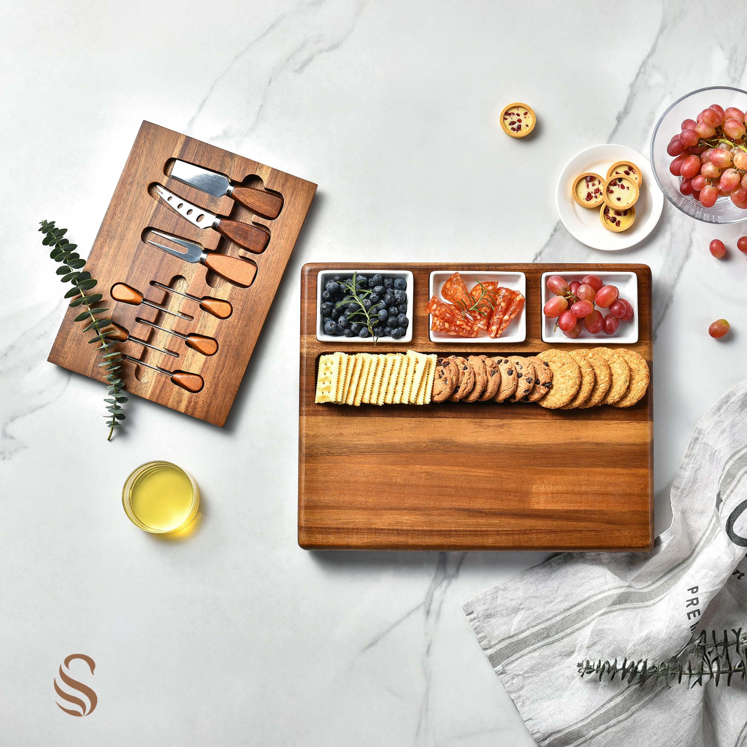 Premium Acacia Wood Charcuterie Board Set with 3 Removable Ceramic Bowls & Serving Utensils - Elegant Cheese & Charcuterie Serving Platter for Parties, Entertaining, Weddings & Holiday Gatherings - Perfect Gift for Hosts & Food Lovers