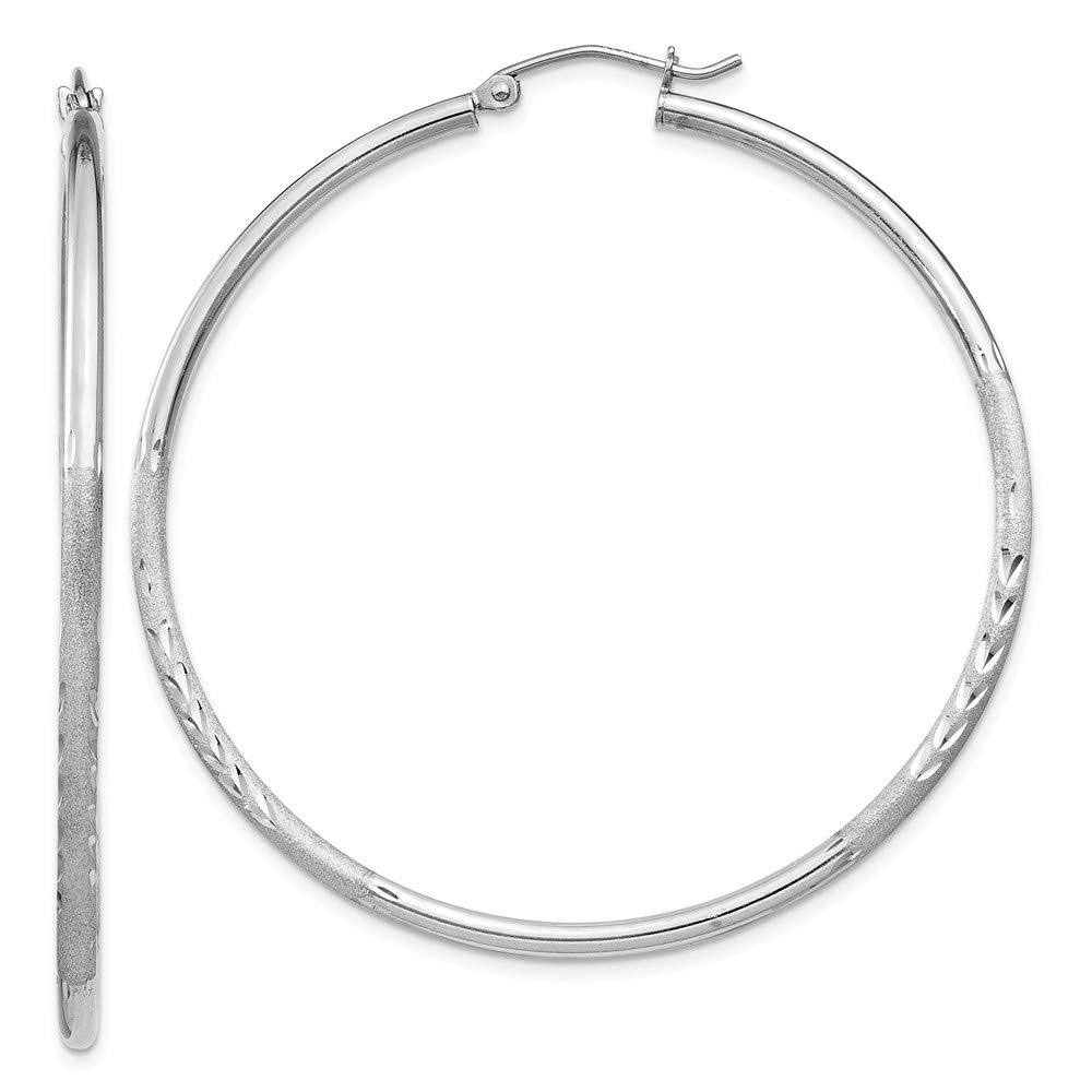 Sterling Silver Rhodium-Plated 2mm Satin & Diamond Cut Hoop Earrings for Women - Elegant Everyday Jewelry for Work, Party & Special Occasions