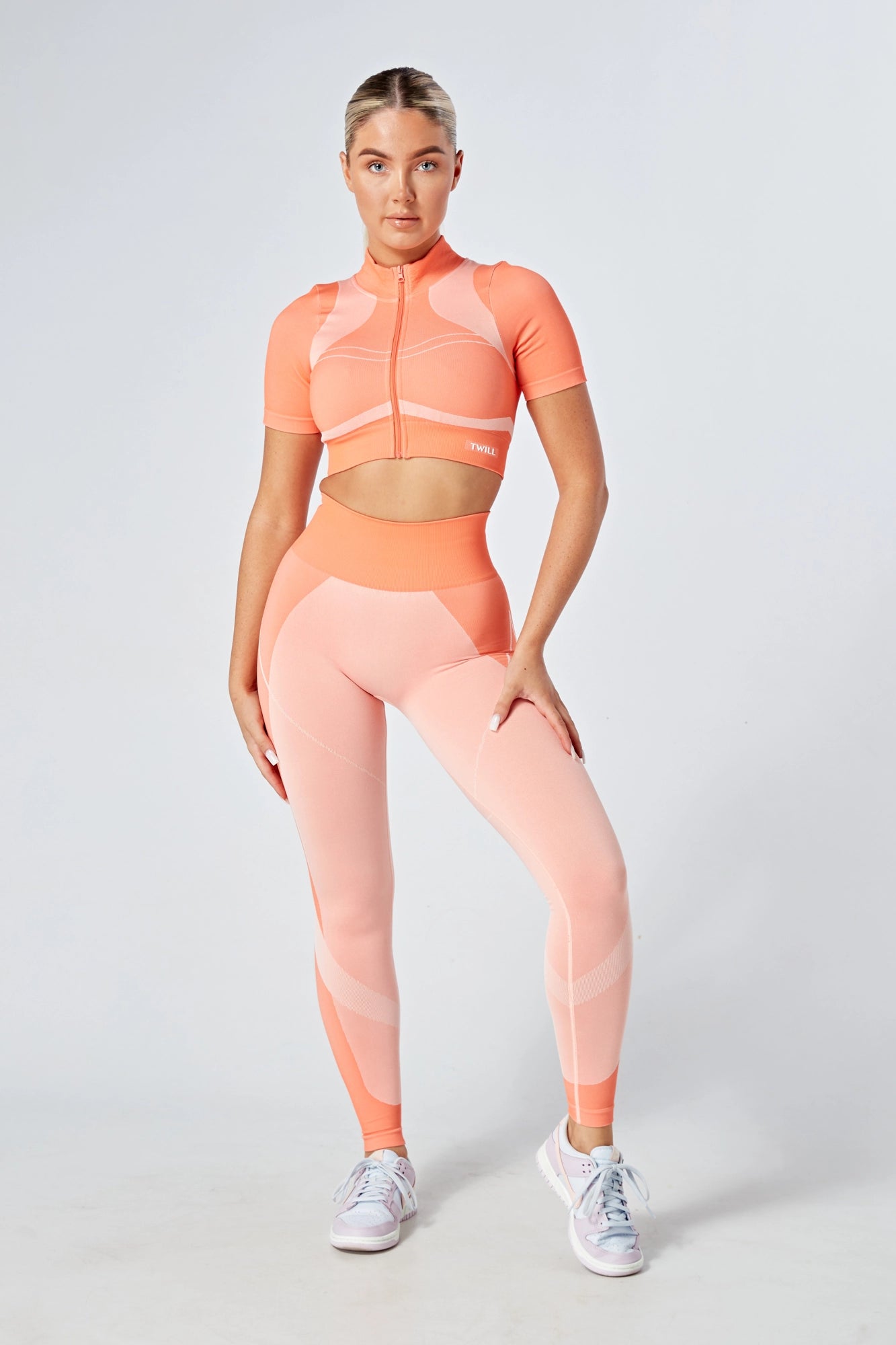 Eco-Friendly Twill Active Zip-Up Crop Top - Coral Color Block for Yoga, Running & Casual Wear