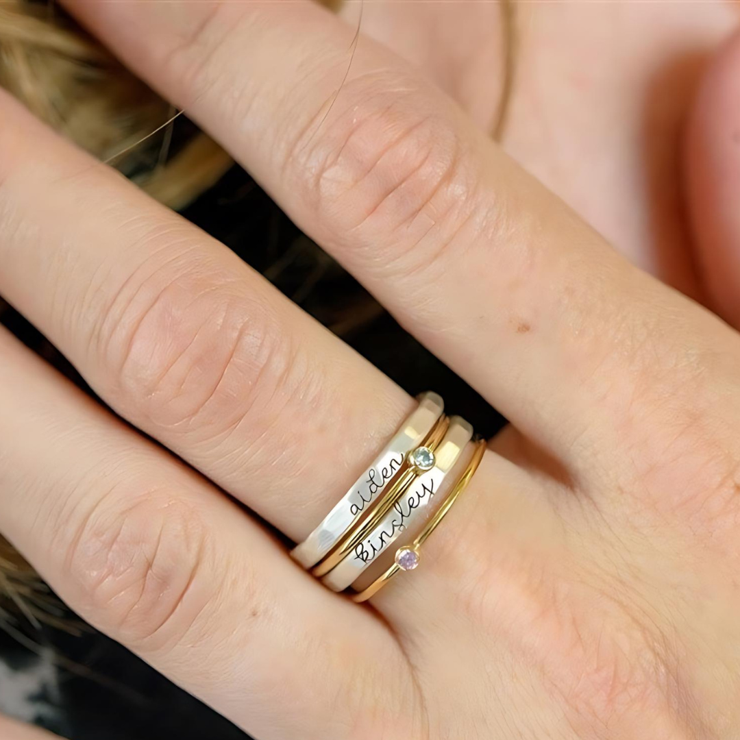 Personalized Birthstone Stacking Rings for Women - Custom Engraved Name & Date, Sterling Silver Stackable Rings Set - Perfect Gift for Anniversary, Birthday, Mother's Day & Valentine's Day