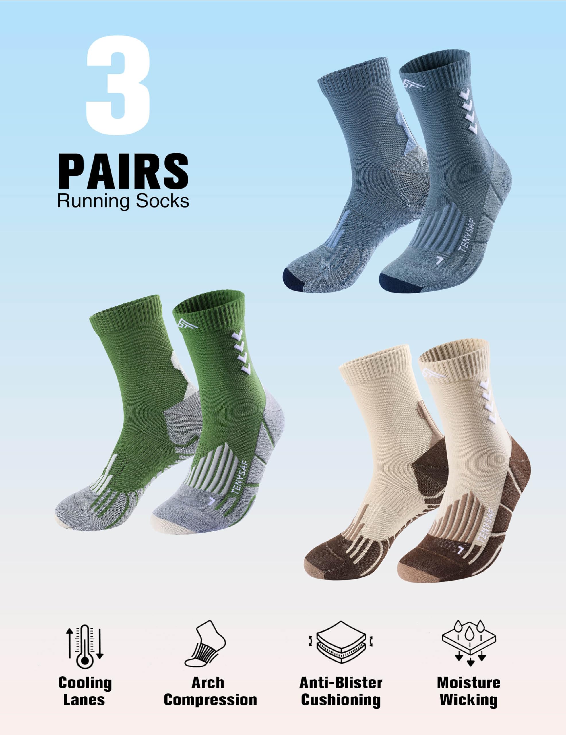 Best Compression Crew Running Socks for Men & Women - 3 Pairs Cushioned Athletic Socks for Work, Hiking, Basketball & Sports - Perfect for Marathon Training, Gym Workouts & Outdoor Activities