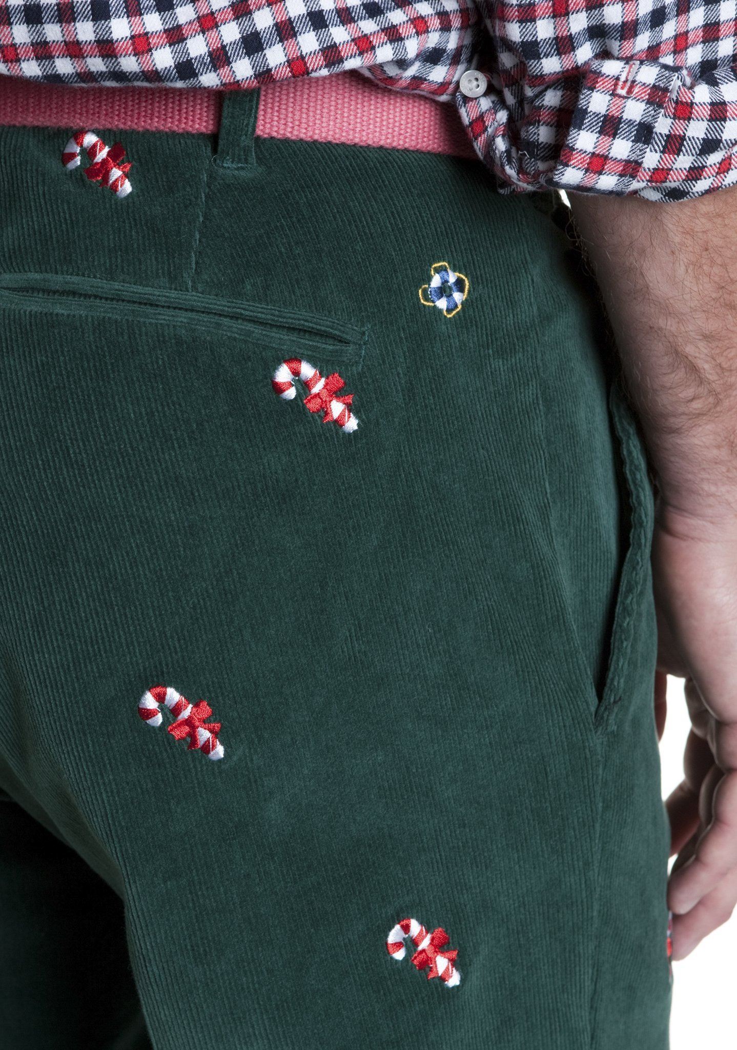 Beachcomber Corduroy Pants for Men - Hunter Green & Candy Cane Striped Casual Trousers | Perfect for Outdoor Adventures, Fall Fashion, and Holiday Parties
