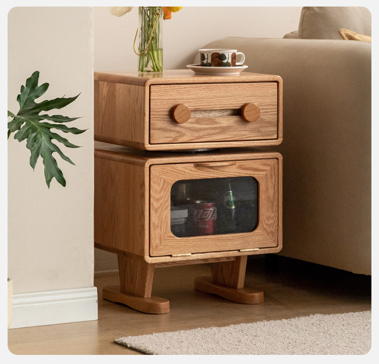 360° Rotating Oak Solid Wood Nightstand - Modern Bedside Table for Bedroom, Living Room & Office