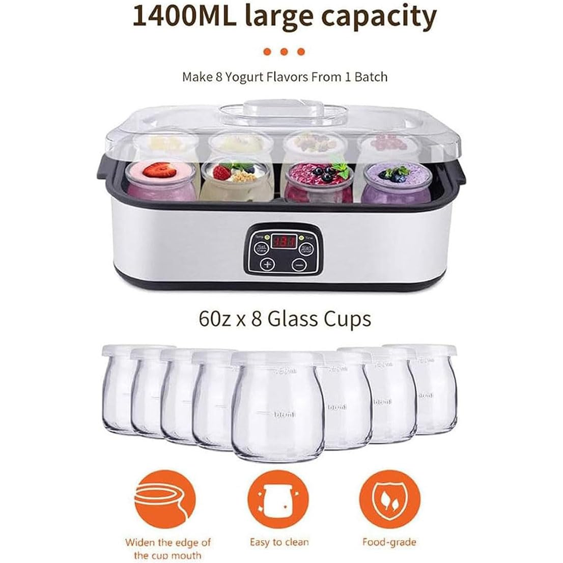 Automatic Digital Yogurt Maker Machine with 8 Glass Jars - Adjustable Temperature & 36-Hour Timer Control for Homemade Probiotic Yogurt - Perfect for Healthy Breakfast, Snacks & Family Nutrition