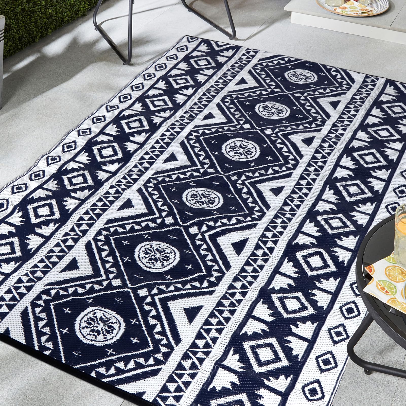 5'x8' Reversible Outdoor Rug - Waterproof Plastic Straw Mat for Patio, Deck, RV, Camping & Beach | Indoor/Outdoor Use | Blue & White Design | Perfect for Picnics, Trailers & Outdoor Gatherings
