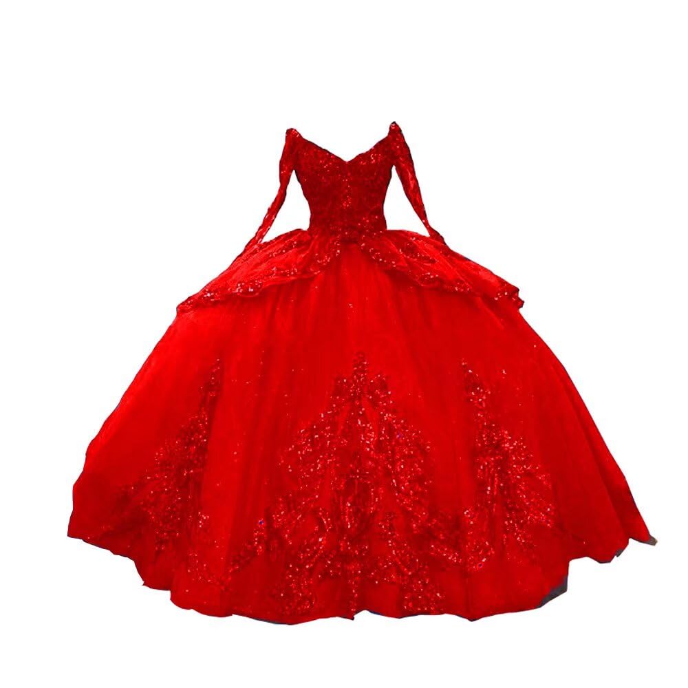 2025 V-Neck Sequined Tulle Quinceañera Dress with Long Sleeves - Elegant Ball Gown Puffy Prom Evening Dress for Women - Perfect for Sweet 16, Quinceañera, Prom & Formal Events