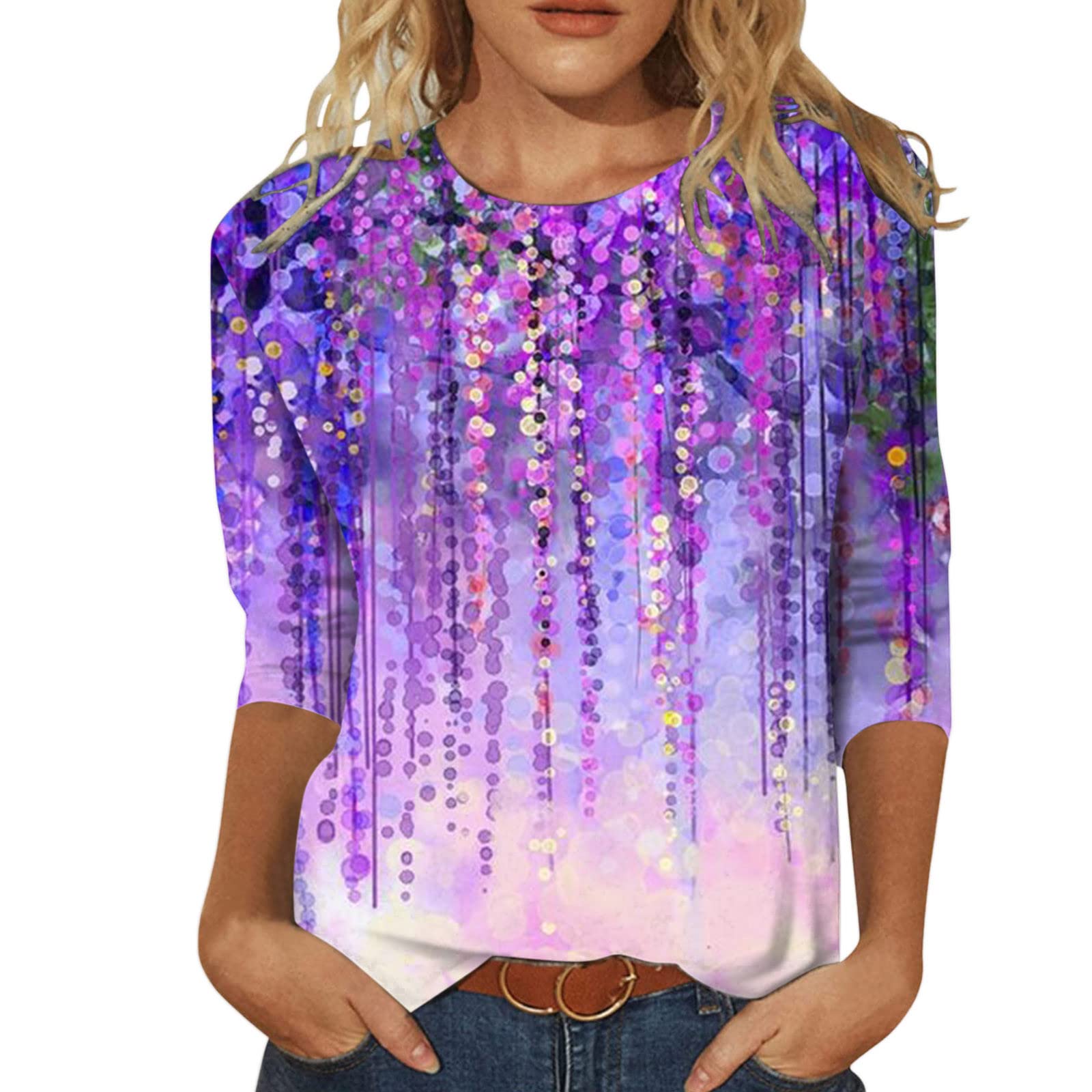 Women's 3/4 Sleeve Blouse - Landscape Print Casual Top for Outings