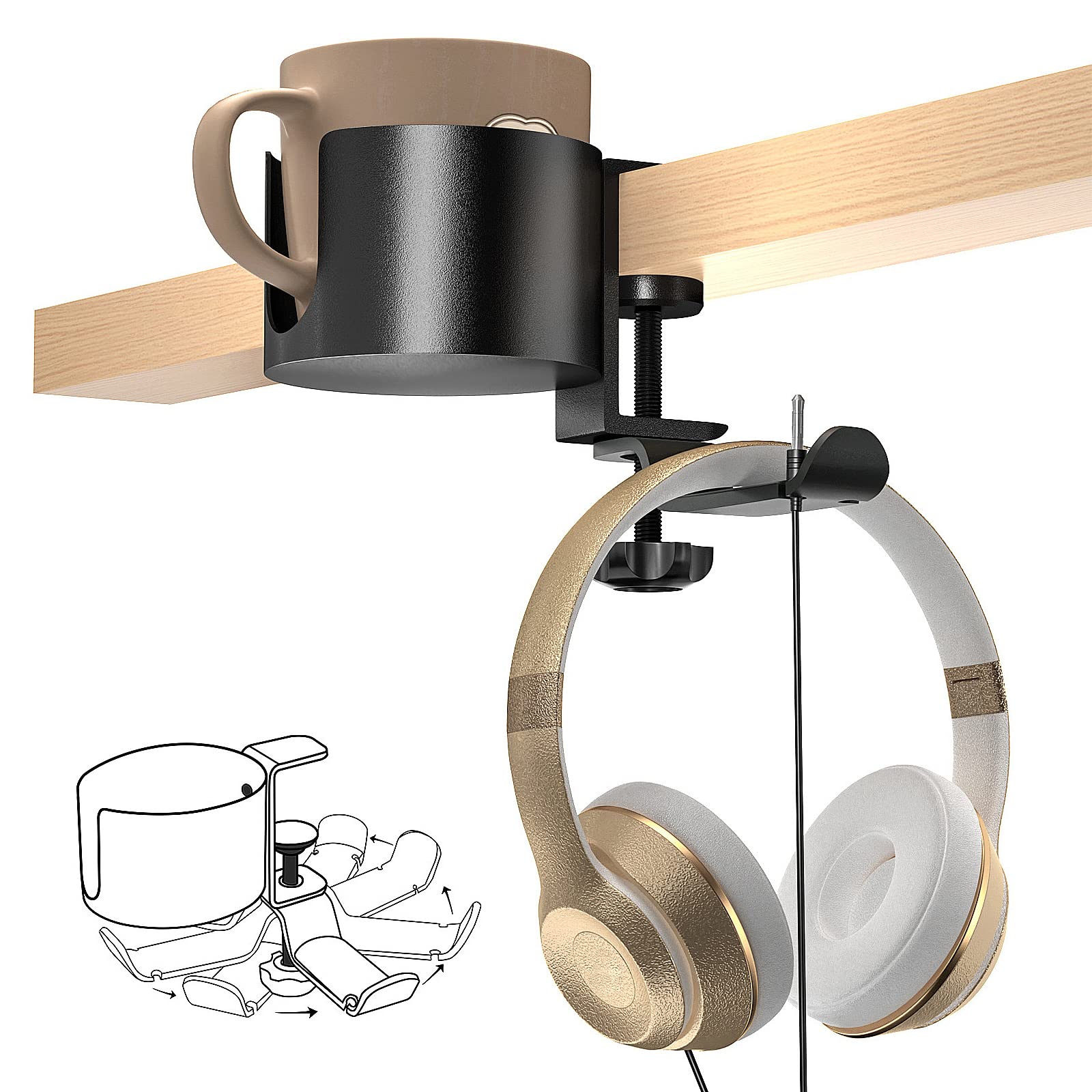 Katsy 2-in-1 Desk Cup Holder with 360° Rotating Headphone Stand - Space-Saving Organizer for Water Bottles, Wheelchairs & Workstations - Perfect Gaming Desk Accessory for Office, Home & Dorm Room Setup