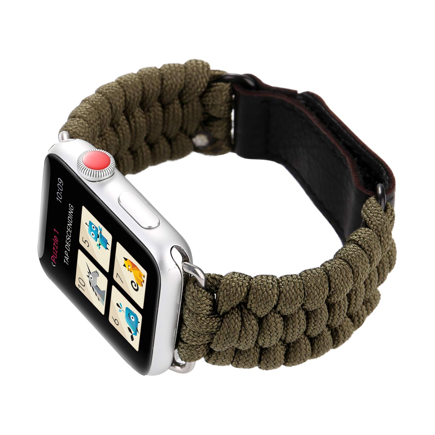 MeShow 41mm 40mm 38mm Paracord Watch Band Replacement - Genuine Leather Clasp, Self-Adhesive Strap Compatible with Apple Watch Series 7/SE/6/5/4/3/2/1 (Not for 45mm/44mm/42mm) - Durable Outdoor Wristband for Hiking, Camping & Adventure Activities