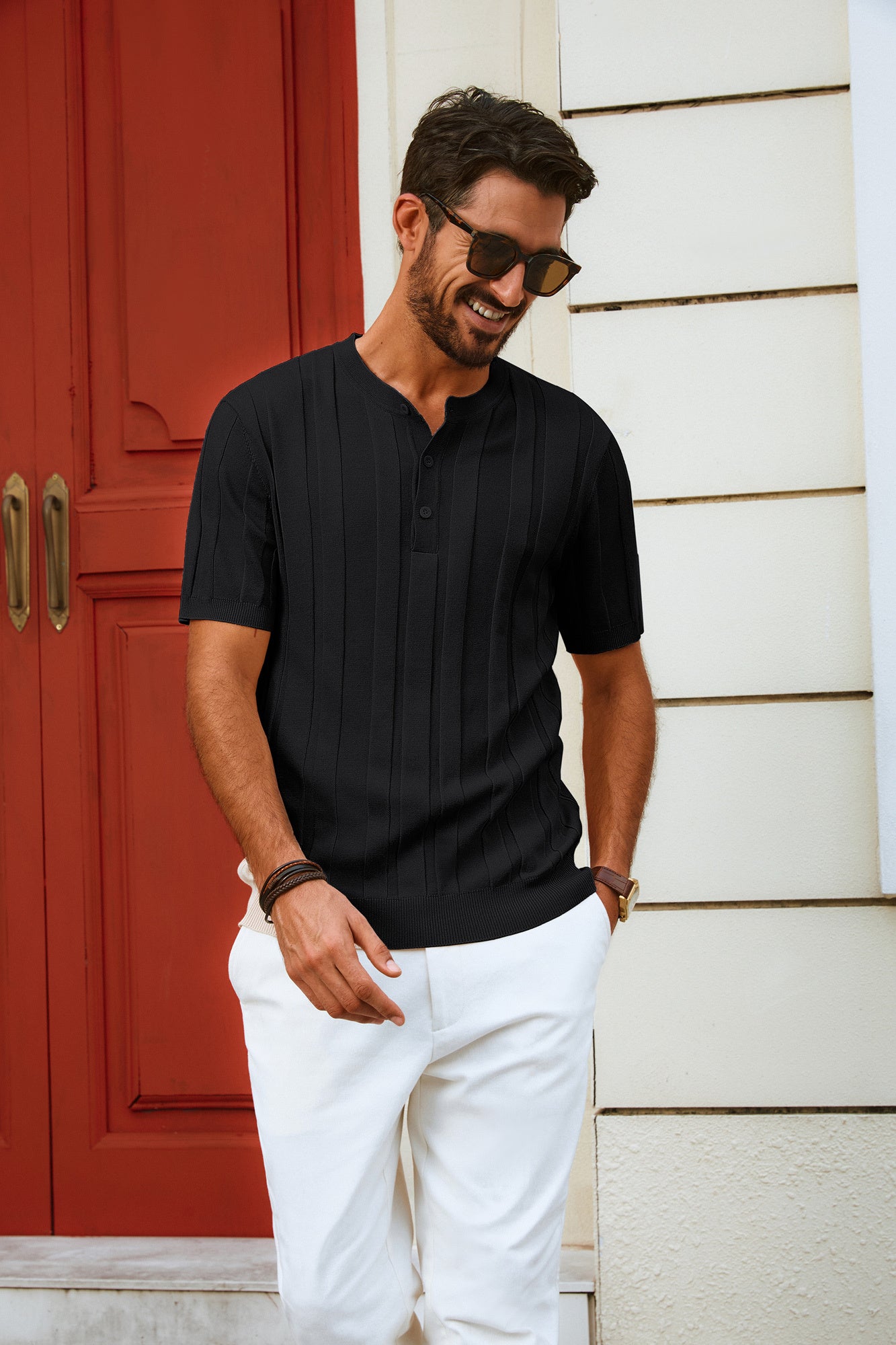 Men's Textured Knitted Short Sleeve Henley Neck T-Shirt | Breathable Knitwear Top for Casual Wear & Outdoor Activities