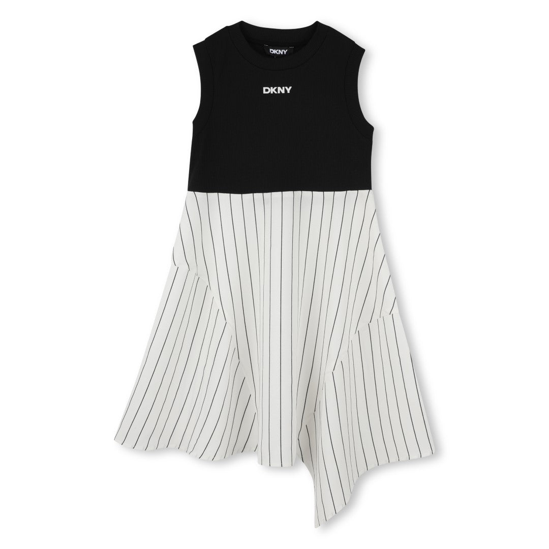 DKNY Girls' Striped White and Black Long Dress - Perfect for School, Parties, and Special Occasions