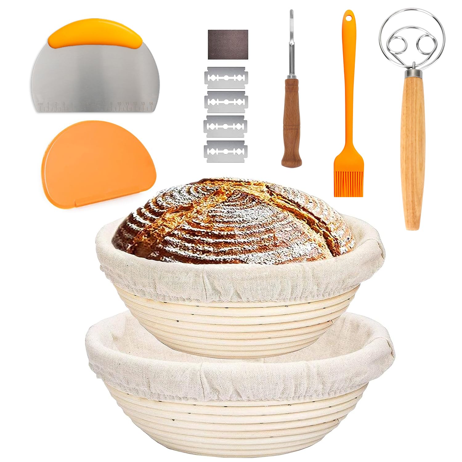 9 Inch & 10 Inch Large Banneton Bread Proofing Basket Set - Round Bread Lame, Dough Scraper & Whisk Included - Perfect for Sourdough, Artisan Bread Baking at Home
