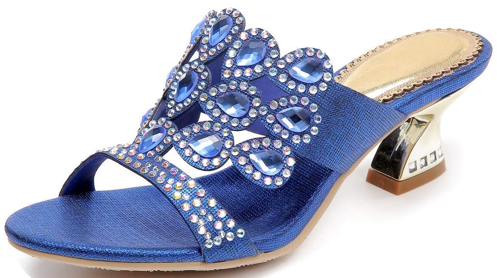 YooPrettyz Women's Glitter Rhinestone Metallic Chunky Heel Slide Sandals - Comfortable Low Heels for Party, Wedding & Summer Outfits