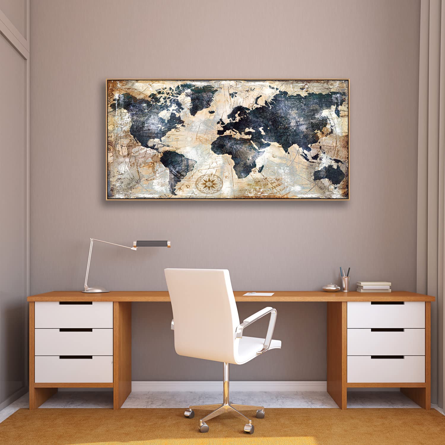 World Map Wall Art Print - Framed Canvas Decor for Home & Office - 20x40 Inch Ready to Hang - Perfect for Travel Lovers & Nautical Theme Rooms (Living Room, Bedroom, Study)
