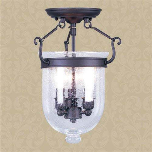 Livex Lighting 5081-07 Jefferson 3-Light Bronze Bell Jar Semi-Flush Mount Ceiling Light with Seeded Glass - Perfect for Dining Room, Bedroom, or Entryway Lighting