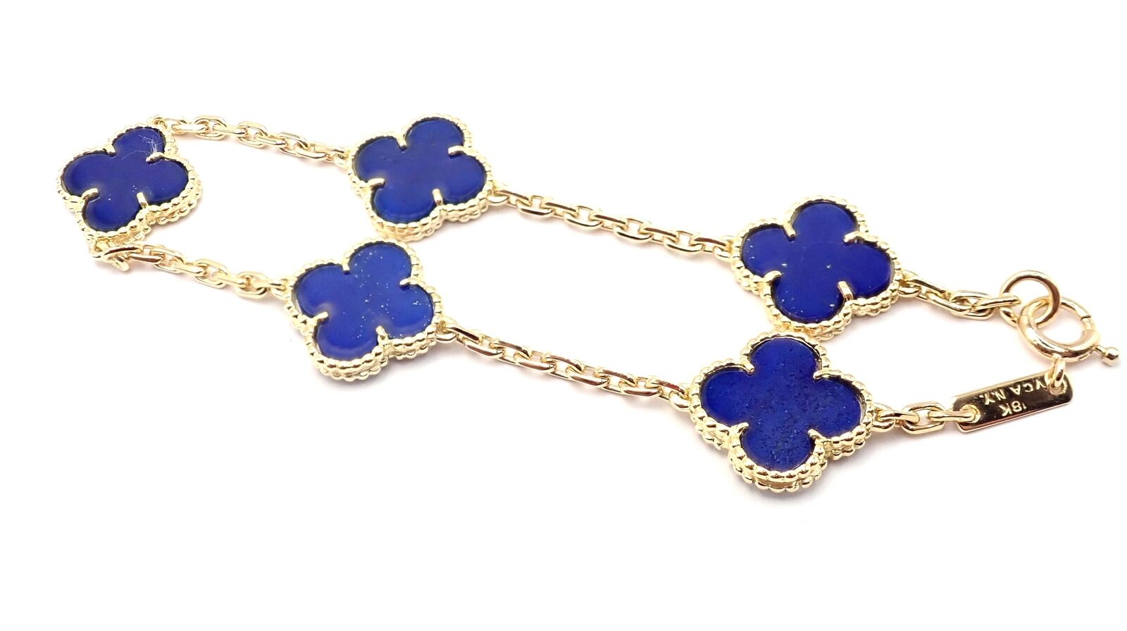 Authentic Van Cleef & Arpels 18k Gold 5 Motif Alhambra Lapis Lazuli Bracelet - Luxury Jewelry Gift for Women, Perfect for Weddings & Special Occasions
