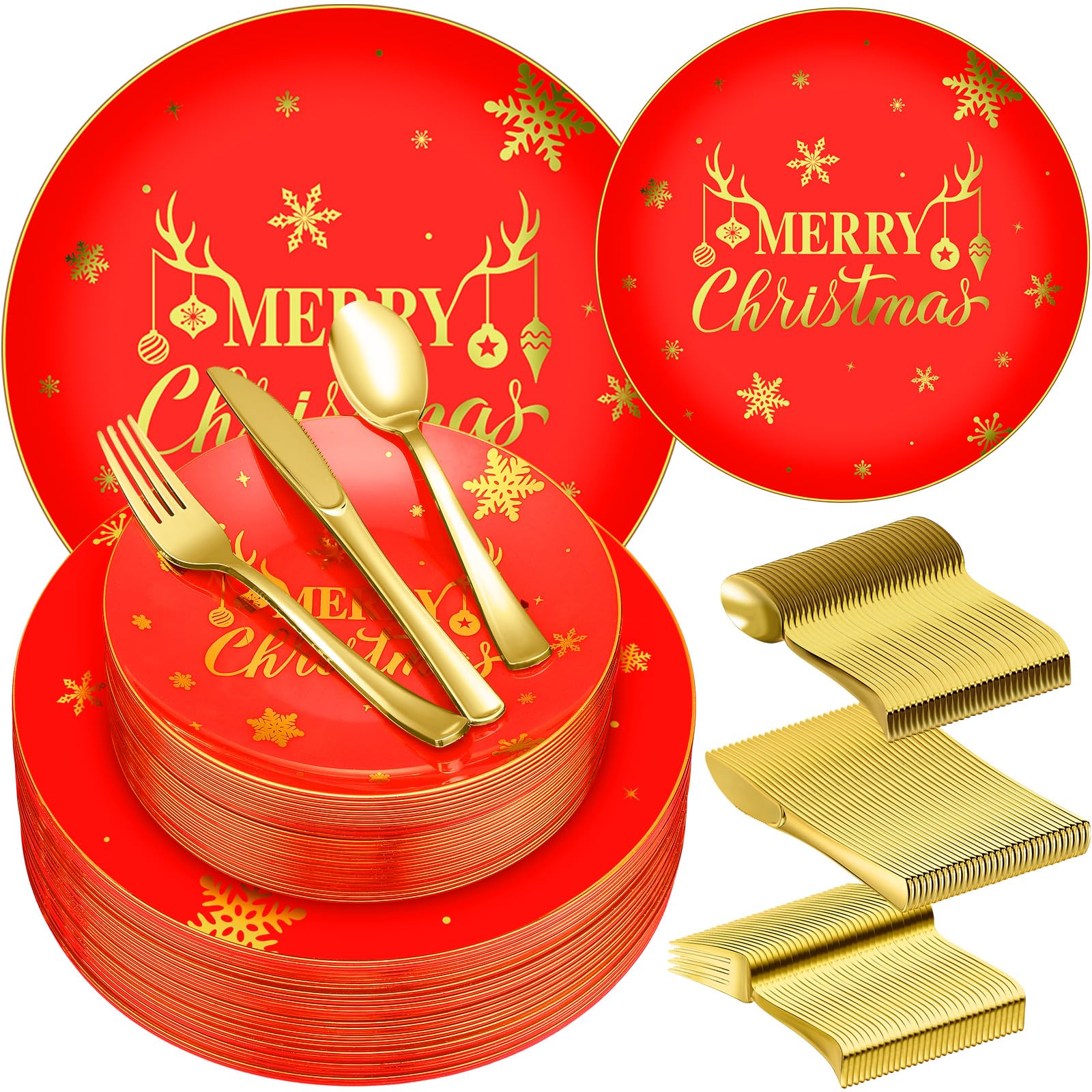 150-Piece Christmas Party Tableware Set - 30 Plastic Plates, 30 Dessert Plates, 30 Knives, 30 Forks & 30 Spoons - Disposable Dinnerware for Holiday Gatherings, Family Feasts & Christmas Celebrations (Red & Gold)