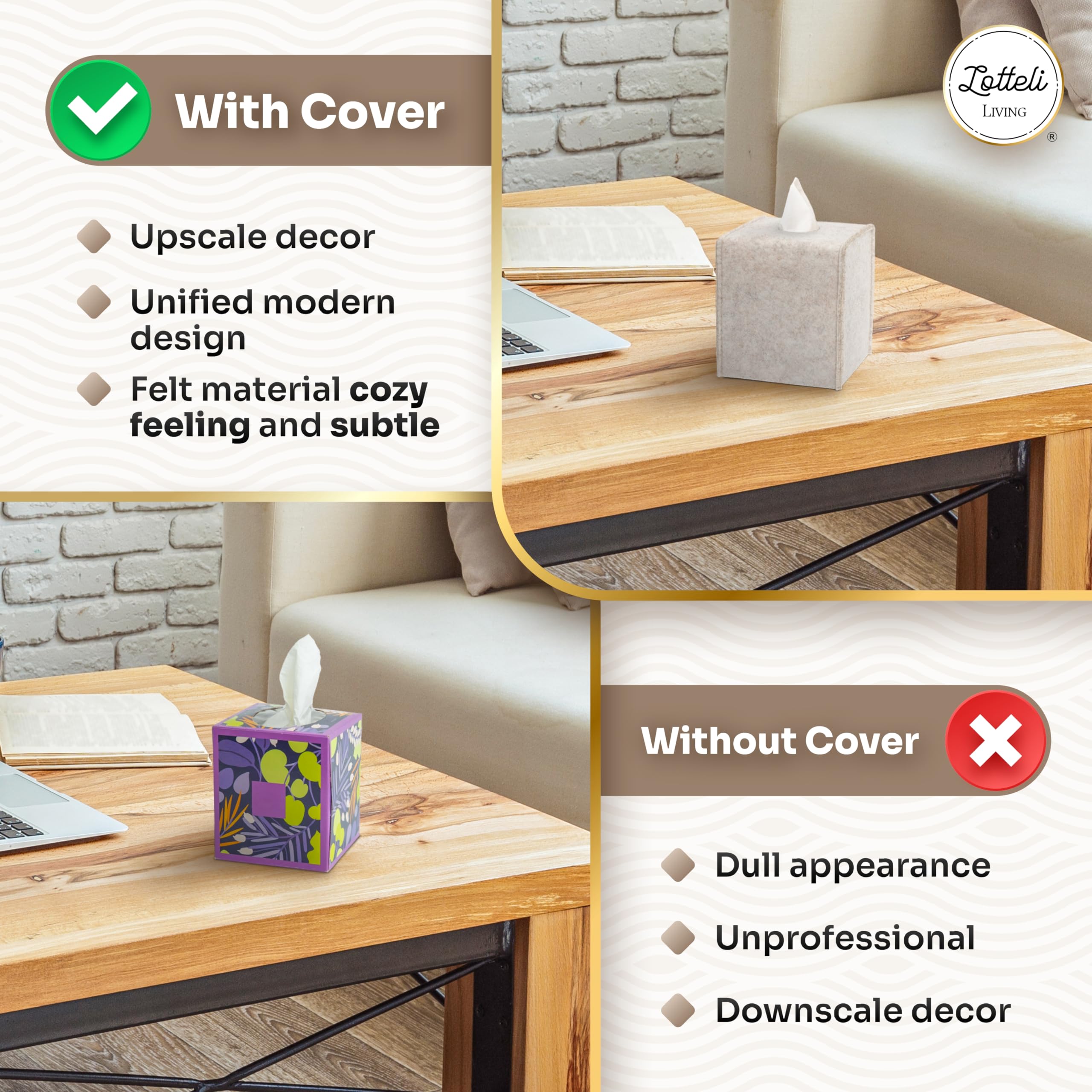 2 Pack Decorative Felt Tissue Box Cover - Modern Square Oatmeal Tissue Box Holder for Living Room, Bedroom & Bathroom Organization