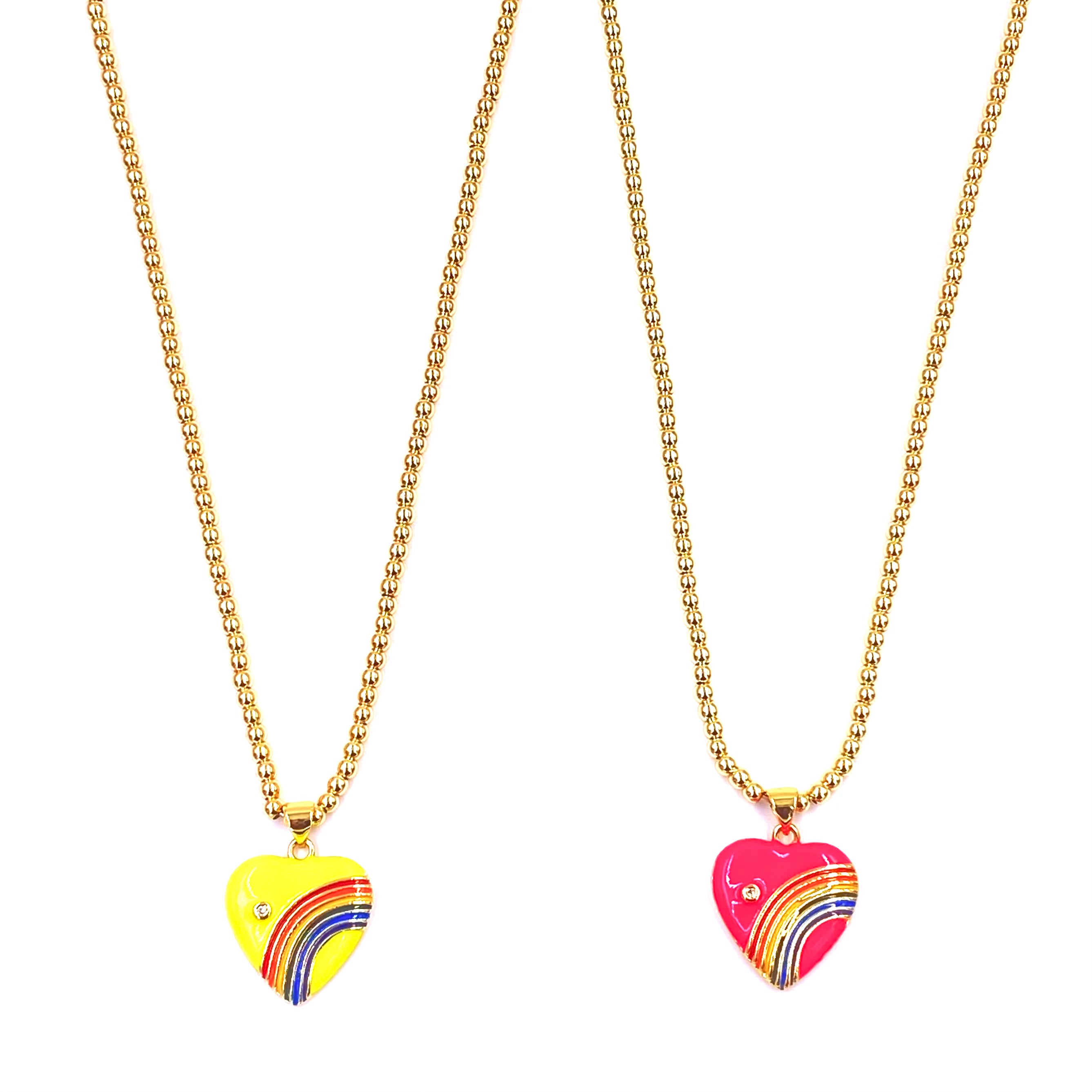 Ashley Gold Stainless Steel Ball Beaded Enamel Heart CZ Necklace for Women - Elegant Cubic Zirconia Pendant Jewelry Gift for Valentine's Day, Anniversary & Special Occasions