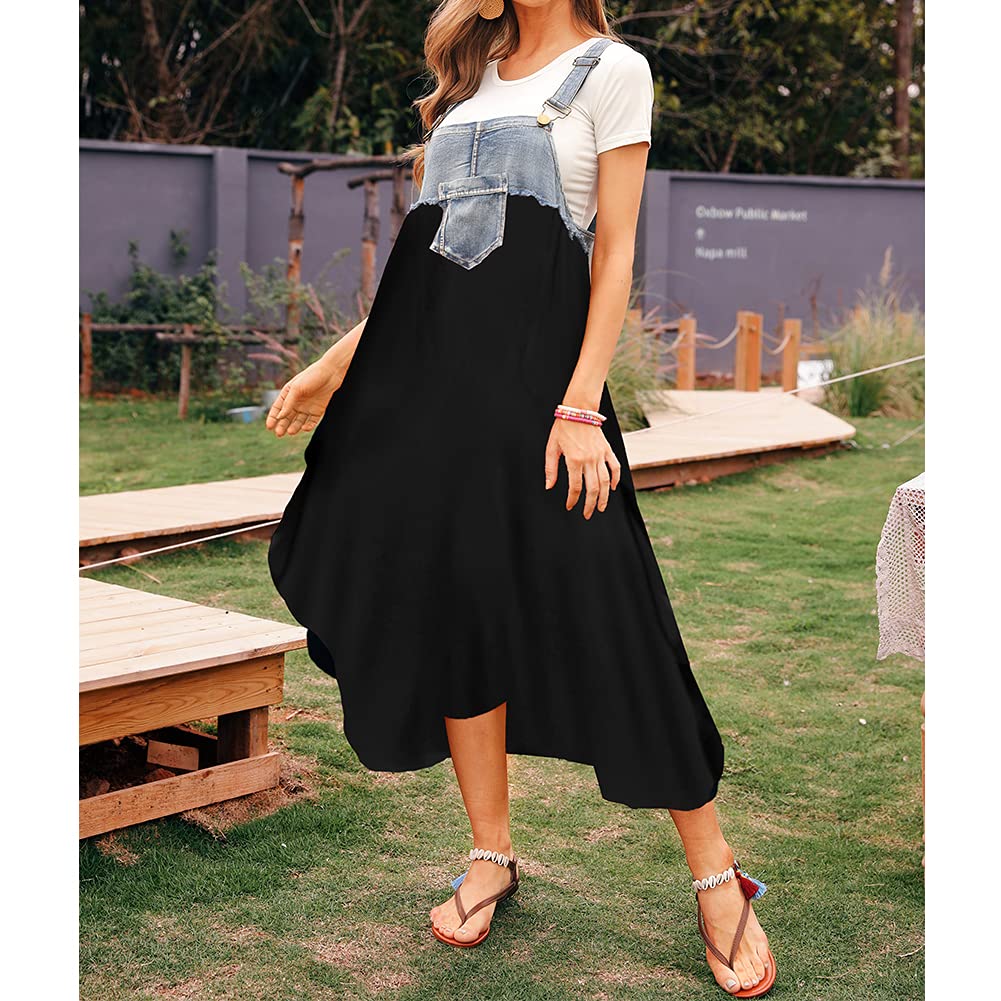 Women's Loose Long Denim Dungaree Dress with Suspenders - Fashion Printed Ruffled Pinafore Pleated Skirt - Elegant Bib Overall Dress for Ladies & Girls | Casual Wear, Street Style, Office Outfits & Date Night Looks