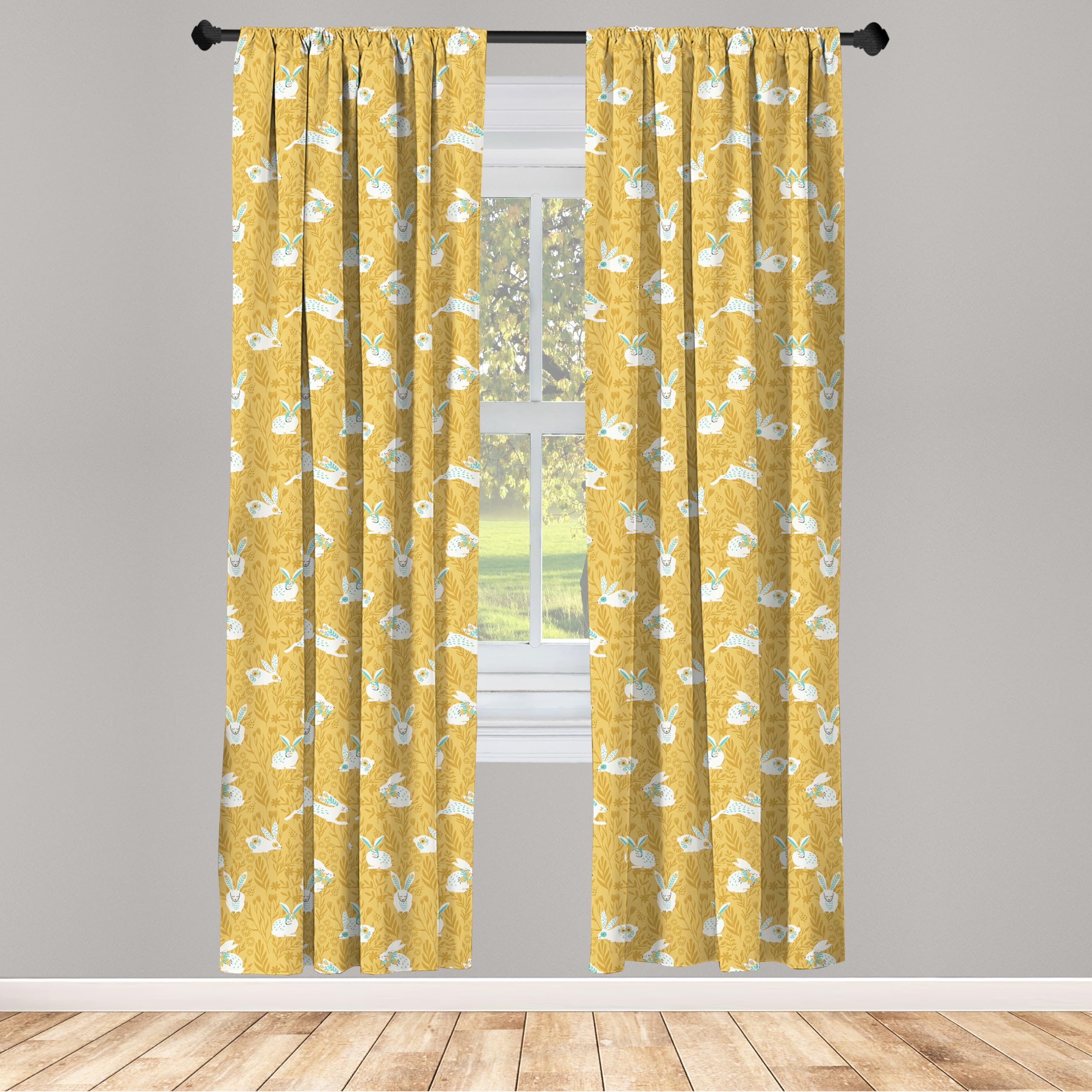 Ambesonne Bunny Curtains - Countryside Field Nature Inspired Animal & Floral Print Window Panels (Set of 2, 28x84 inches) in Mustard Seafoam White for Living Room & Bedroom Decor | Perfect for Farmhouse, Nursery & Boho Style Homes