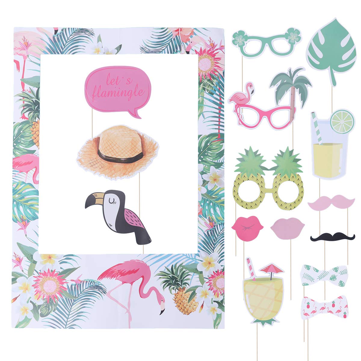 Tropical Hawaiian Summer Photo Frame - Flamingo Pineapple Photo Booth Props for Luau Party, Beach Theme Decor, Vacation Memories & Instagram Photos