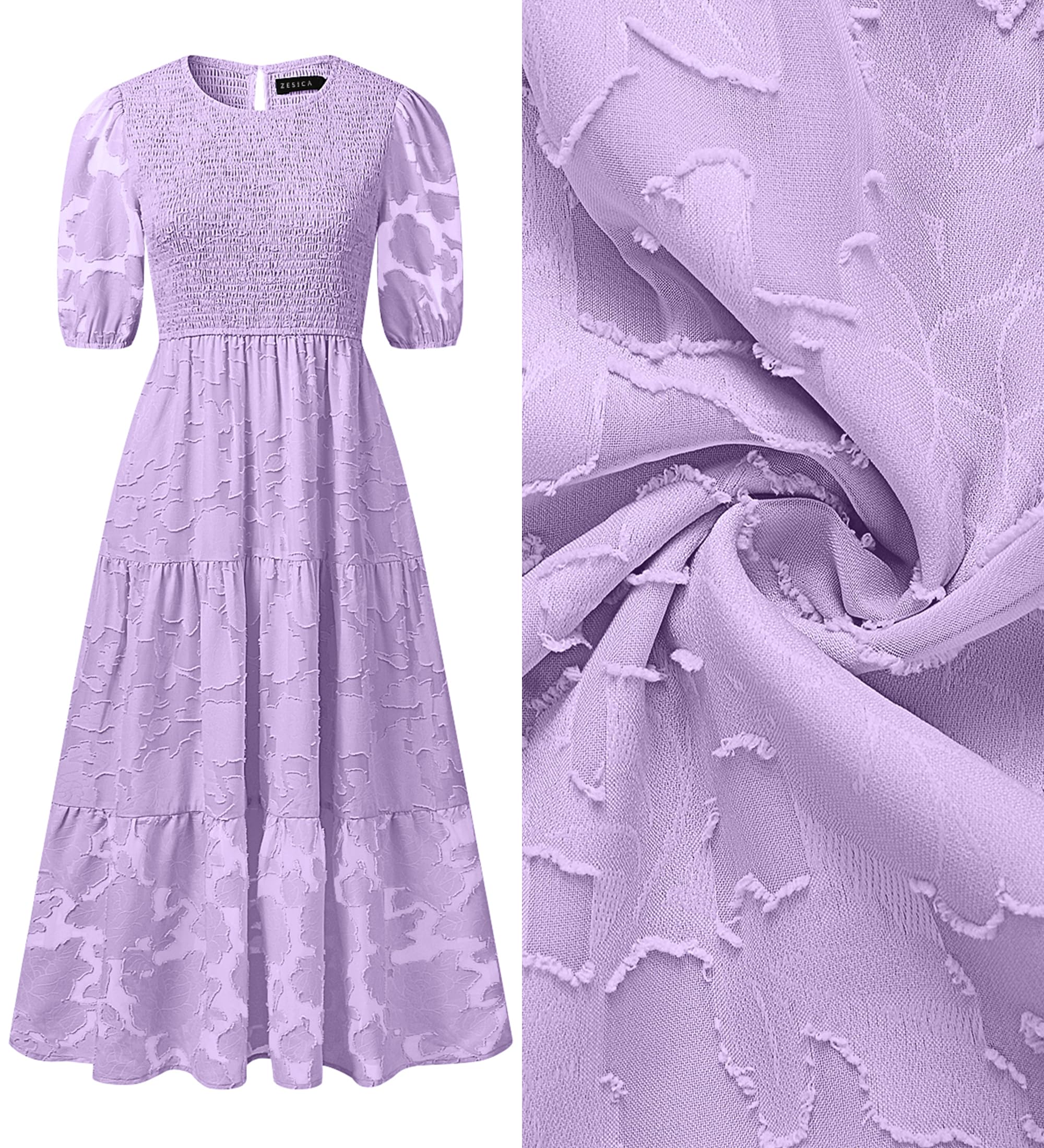 ZESICA Women's Summer Floral Lace Maxi Dress with Puff Sleeves & Smocked Waist - Elegant A-Line Tiered Flowy Dress for Beach, Wedding, Party & Vacation