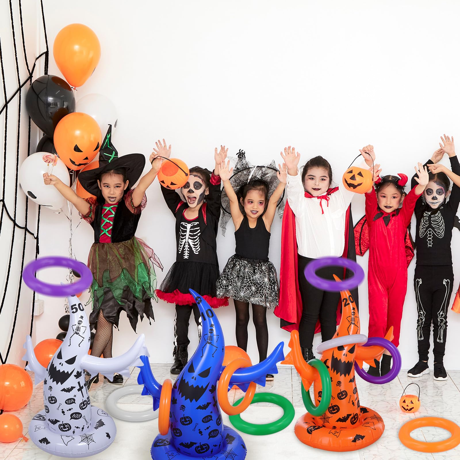 Halloween Ring Toss Game Set - 5 Pack Inflatable Ghost & Witch Hat Toss Games for Kids, Perfect for School Parties, Carnival Events & Indoor/Outdoor Halloween Activities - Fun Halloween Party Supplies & Favor Ideas