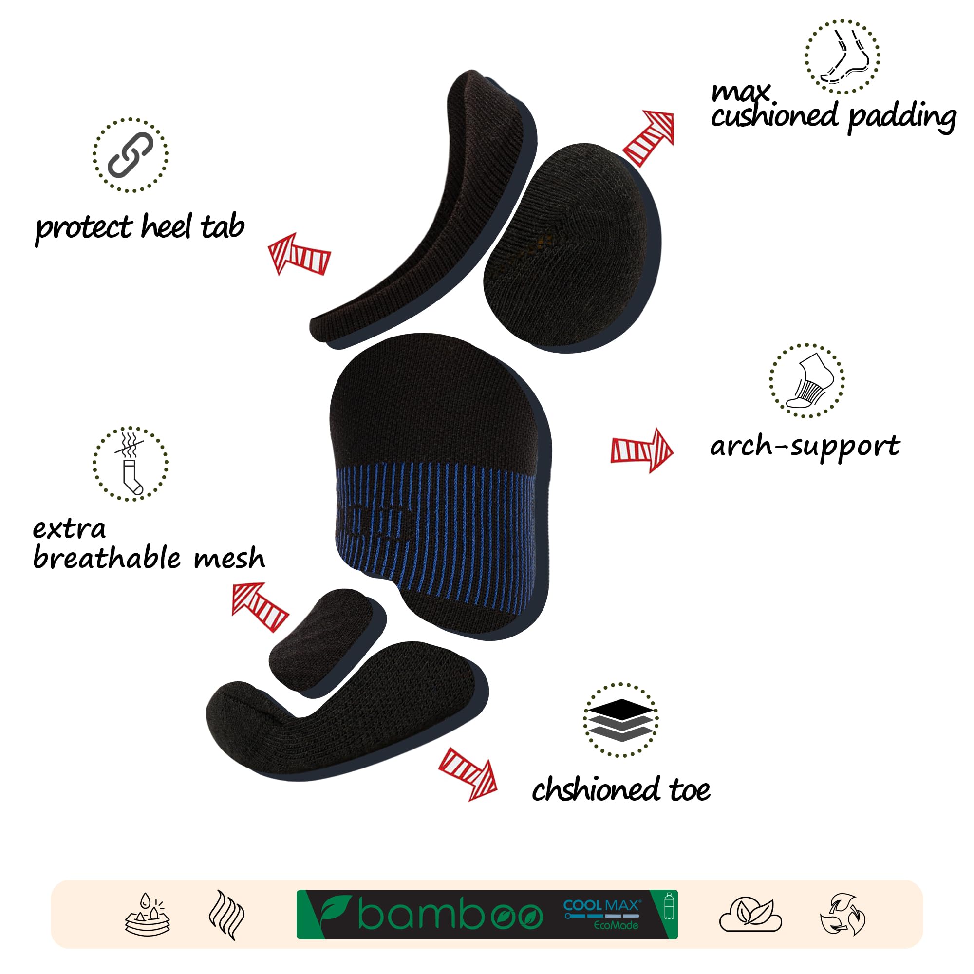 BRISIRA Coolmax Bamboo Viscose Kids No Show Socks - Breathable Compression Athletic Running Socks for Boys & Youth - Ankle Cushion Sports Socks for School, Gym & Daily Activities
