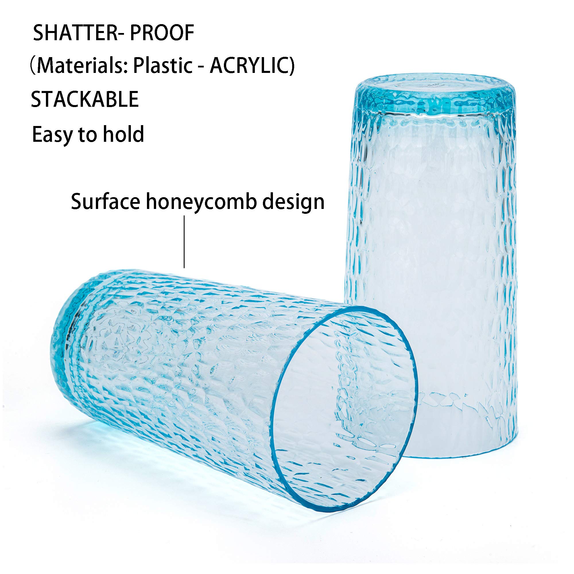 KX-WARE 22oz Honeycomb Design Acrylic Highball Glasses - Set of 6 Shatterproof Plastic Tumblers for Cocktails, Iced Coffee & Smoothies - Perfect for Parties, Bars & Outdoor Use (Blue)