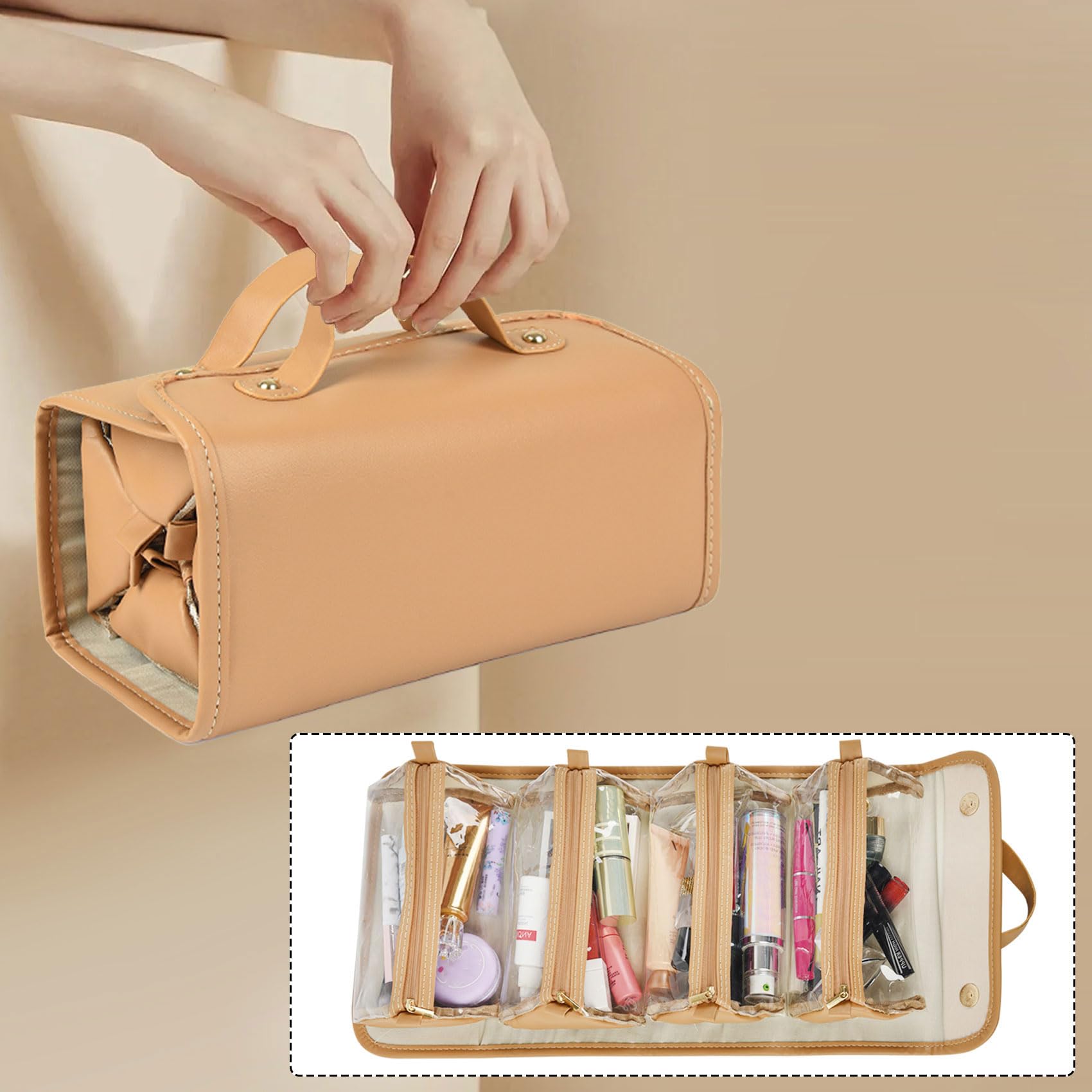 Large Capacity Waterproof Makeup Bag for Women - Travel Cosmetic Organizer, Portable Toiletry Bag (Brown) - Perfect for Travel, Gym & Daily Use