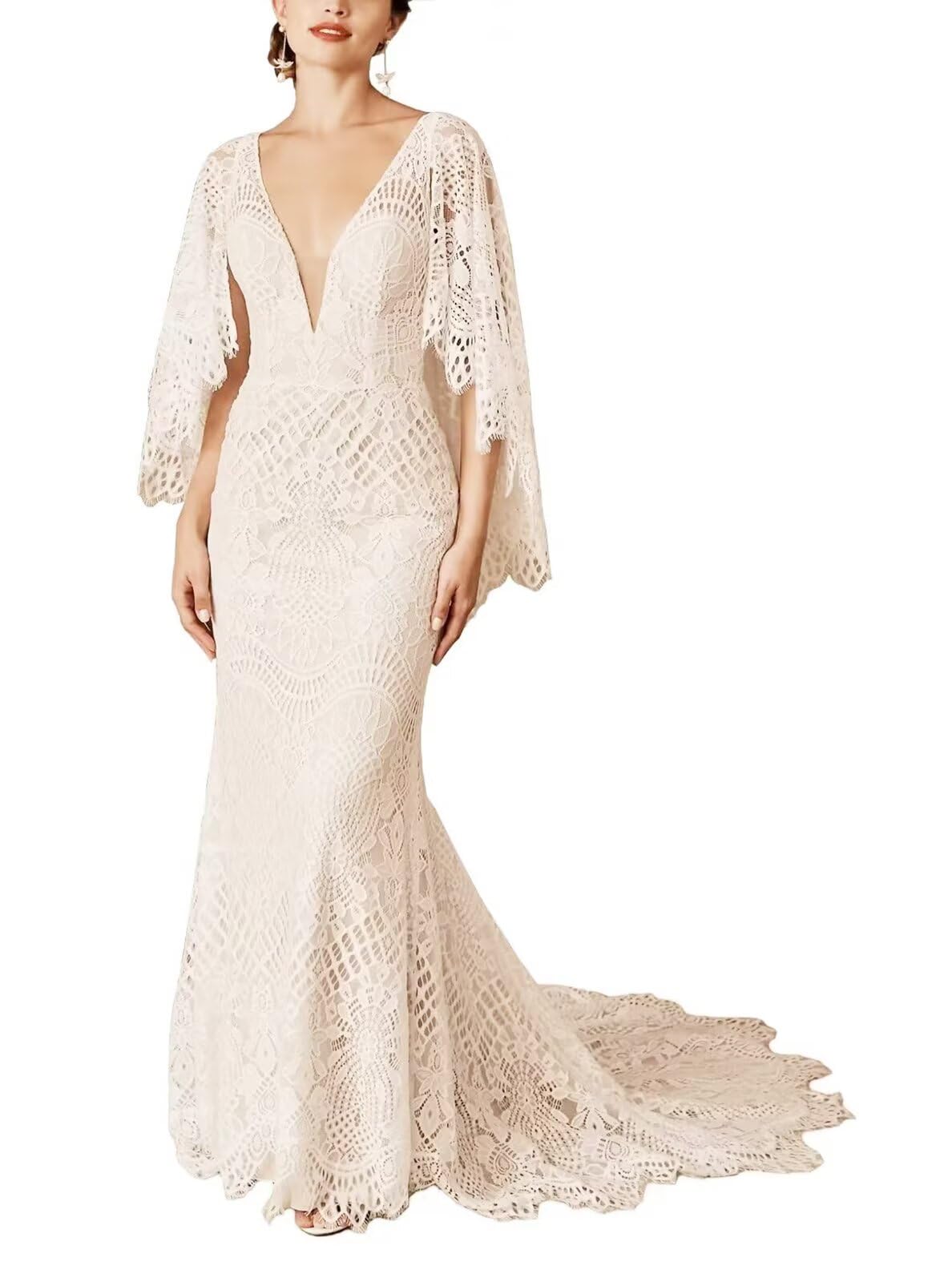 Boho Cape Sleeves Wedding Dress for Bride - V Neck Floor Length Lace Mermaid Gown Vintage Beach Wedding Dress | Perfect for Beach, Garden & Vintage Theme Ceremonies