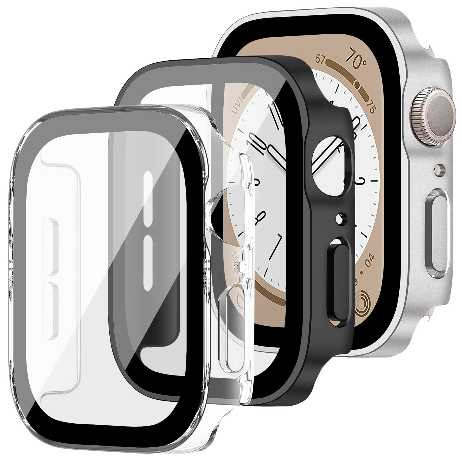 3 Pack Screen Protector Case for Apple Watch Series 9/8/7 (41mm) - Ultra Thin Anti-Scratch Bumper Cover with 9H Tempered Glass - Transparent, Black & Silver - Perfect for Workouts, Outdoor Activities & Daily Protection
