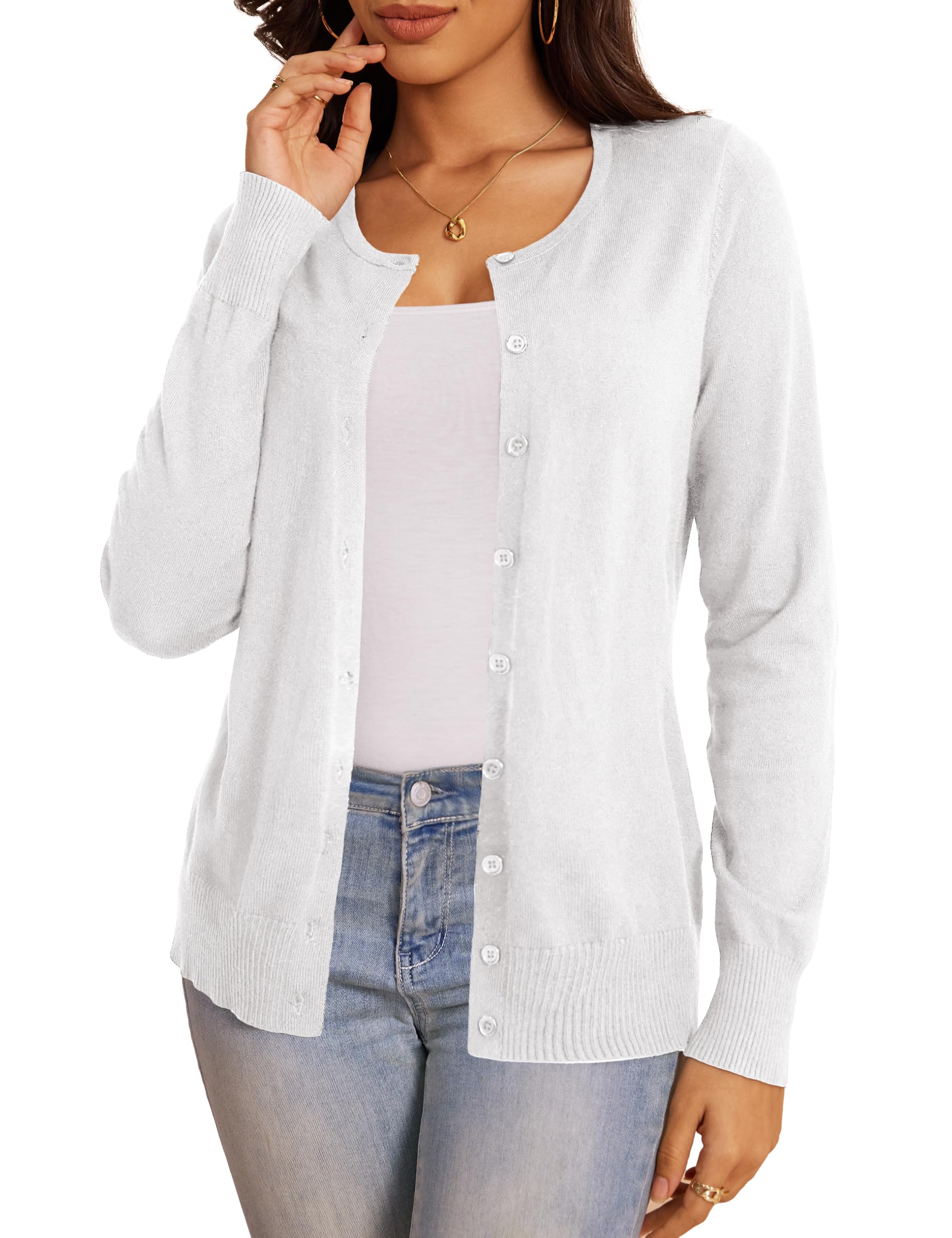 Jesdani Women's Button Down Crew Neck Long Sleeve Soft Knit Cardigan Sweater - Cozy Fall & Winter Layering Essential for Office, Casual Outfits and Travel