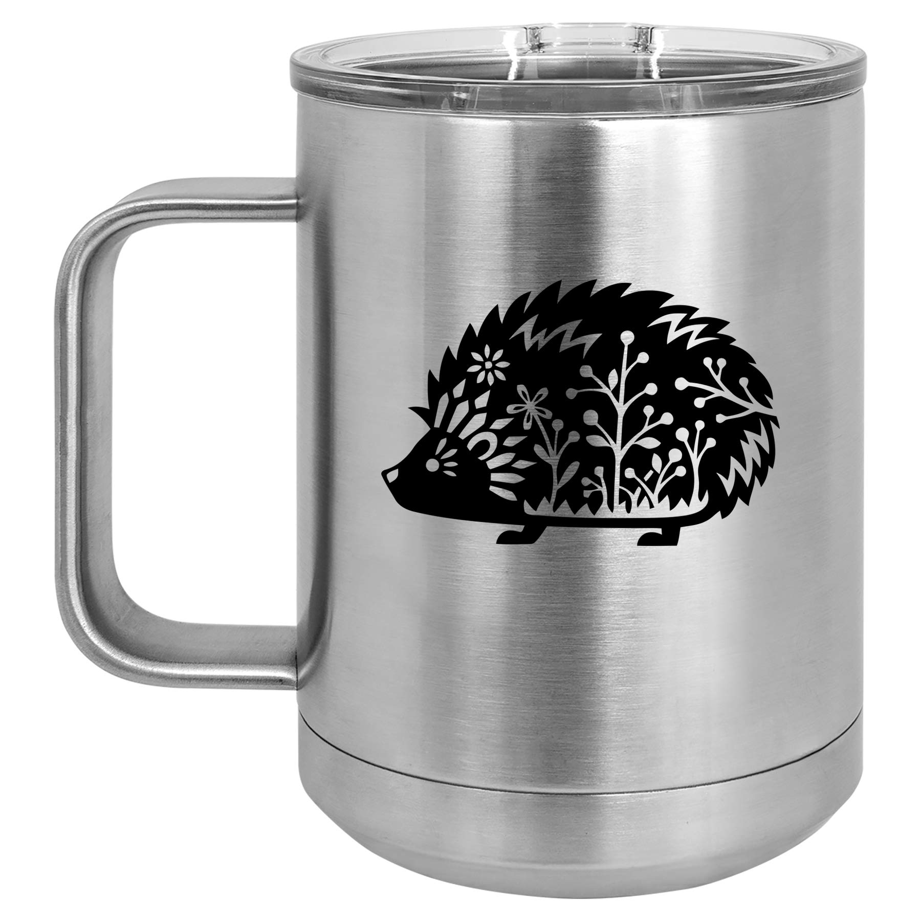 15 oz Stainless Steel Vacuum Insulated Tumbler with Handle & Lid - Leakproof Travel Coffee Mug for Hot & Cold Drinks - Cute Hedgehog Design (Silver) - Perfect for Commuting, Camping & Office Use