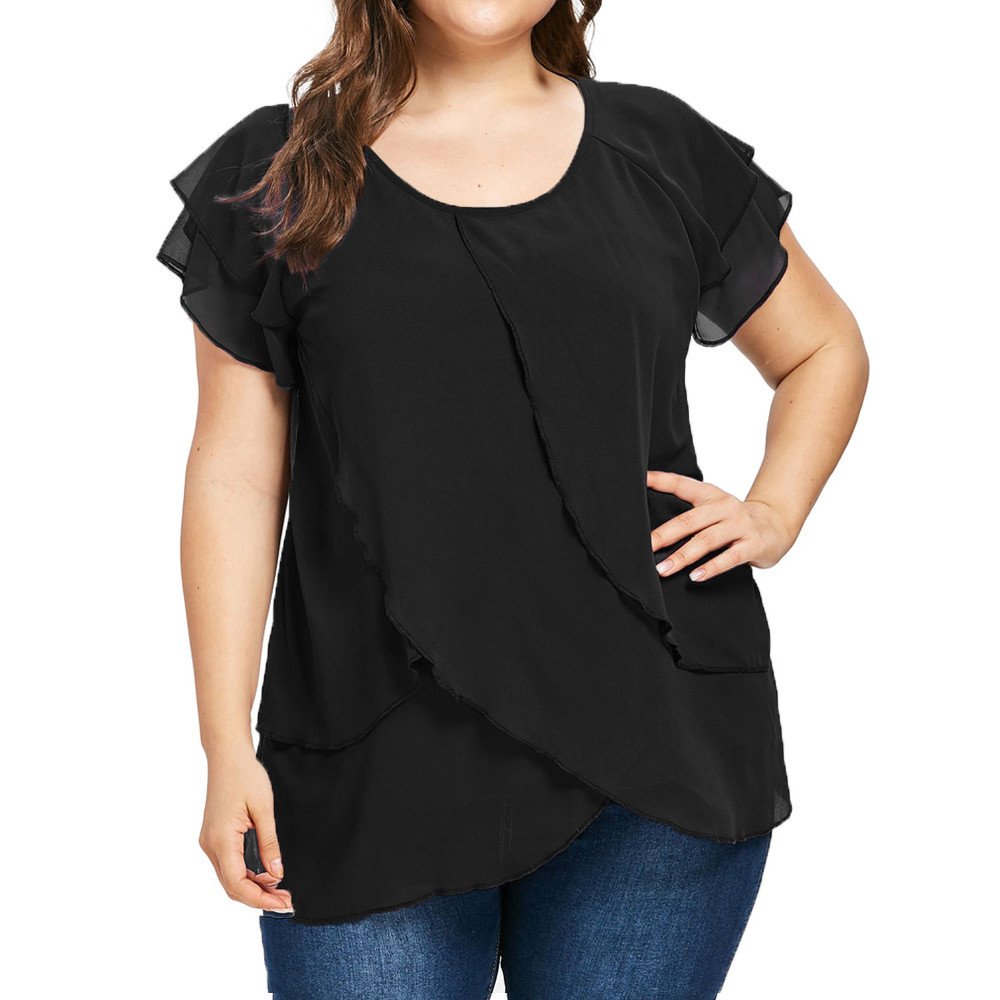 Trendy Plus Size Women's Chiffon T-Shirt - Elegant Ruffles & Irregular Hem Blouse, Short Sleeve Loose Top for Casual Wear, Office & Summer Outfits