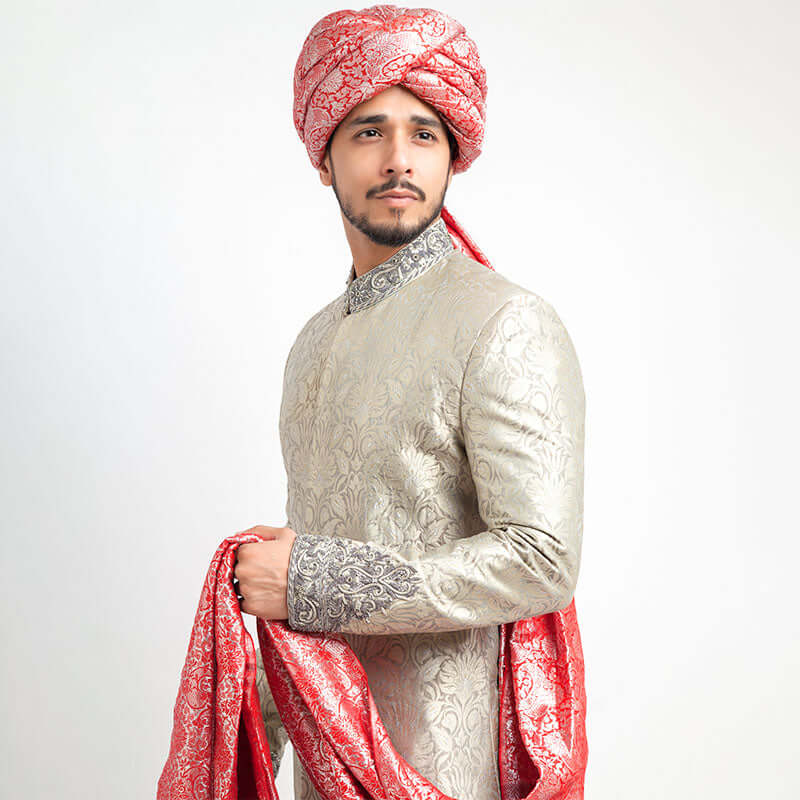 Elegant Ash Grey Pure Brocade Silk Sherwani for Men | Traditional Indian Wedding Attire | Perfect for Groom, Festivals & Special Occasions