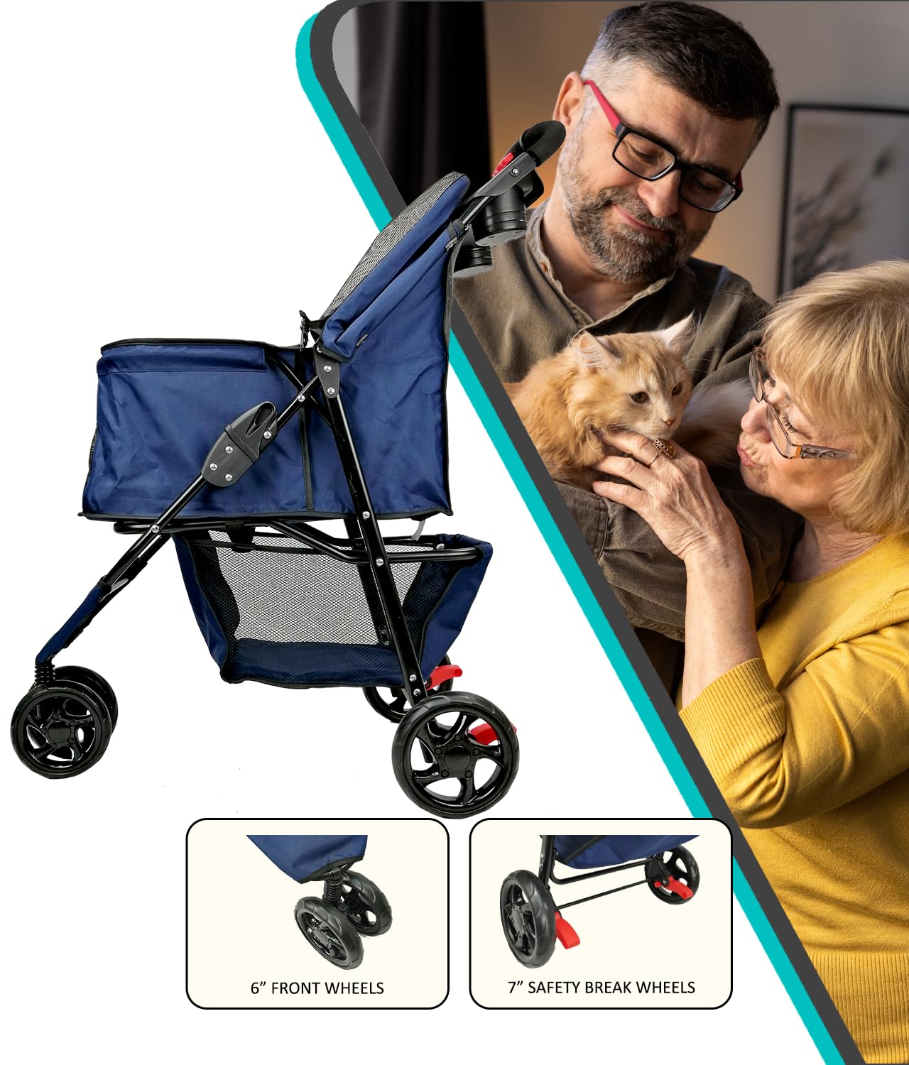 AmorosO Pet Stroller for Small Dogs & Cats - Lightweight Foldable Pet Carrier with Storage Basket | Perfect for Walking, Travel, Vet Visits & Outdoor Adventures | Blue Pet Stroller for Indoor & Outdoor Use