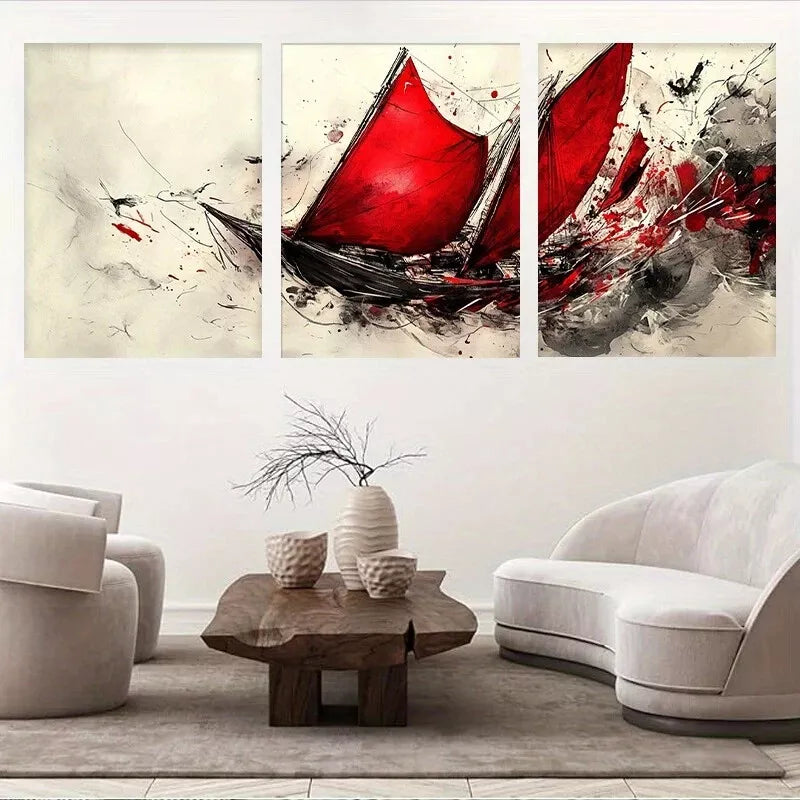 3-Piece Abstract Sailing Ship Wall Art Set with Bold Red Sails - Framed Canvas 40x60cm (16x24in) - High Quality Print - 100% Australian Made - Ready to Hang - Perfect for Living Room, Bedroom or Office Decor