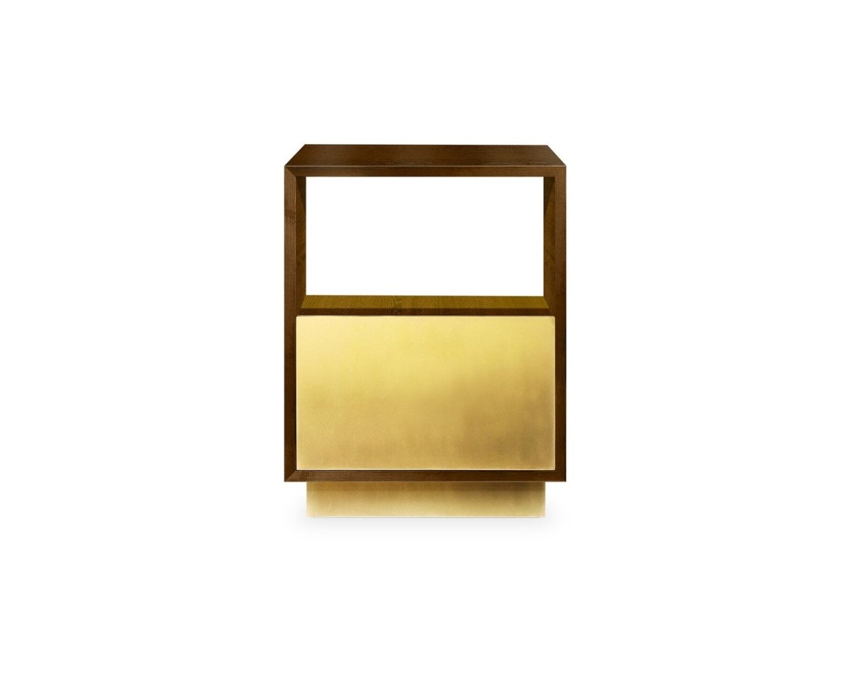 Handmade Brown and Gold Brass Nightstand Table - Golden Finish Wooden Cube Side Table for Bedroom, Living Room, or Office Decor