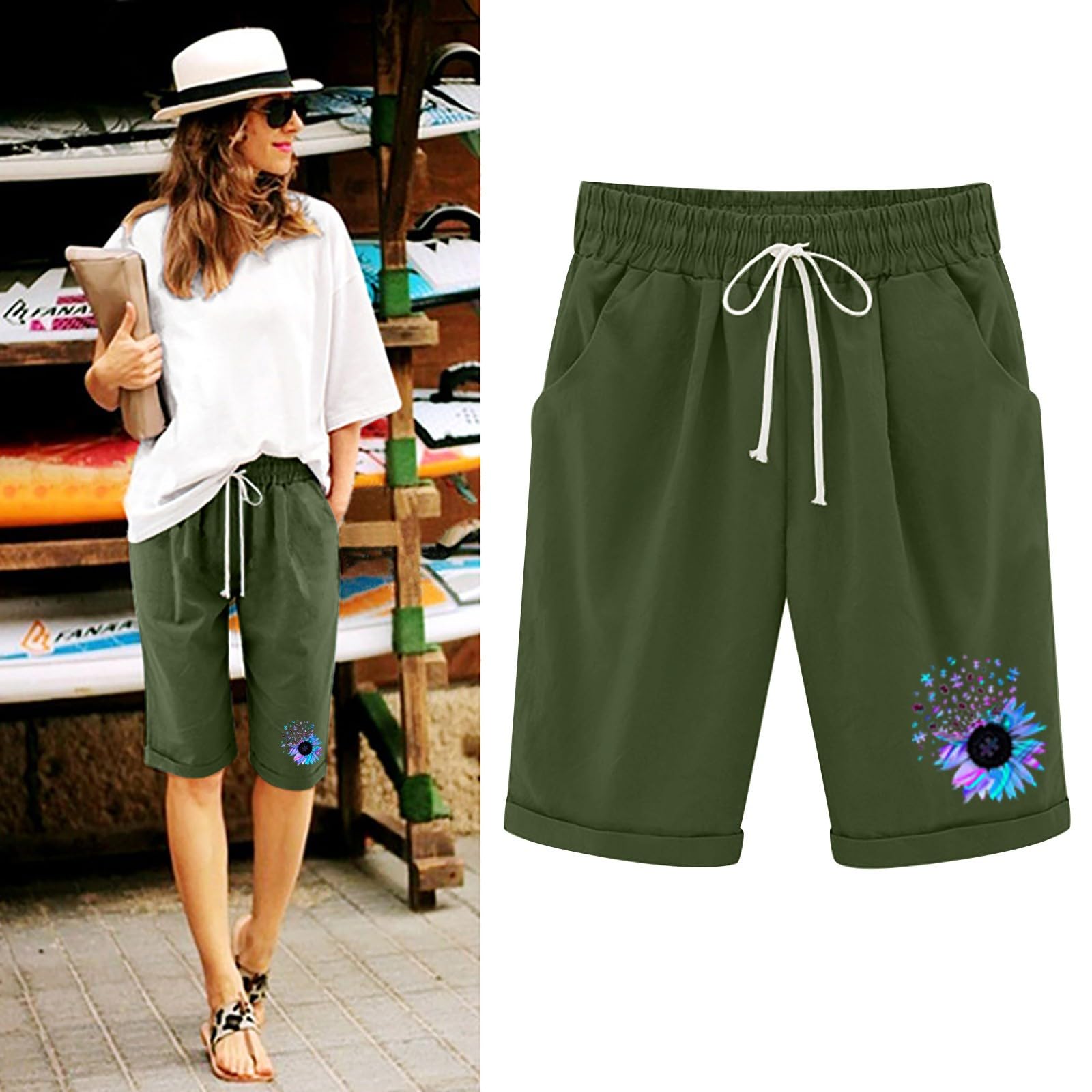 Women's Stretchy Denim Bermuda Shorts with Pockets - Yoga & Lounge Wear