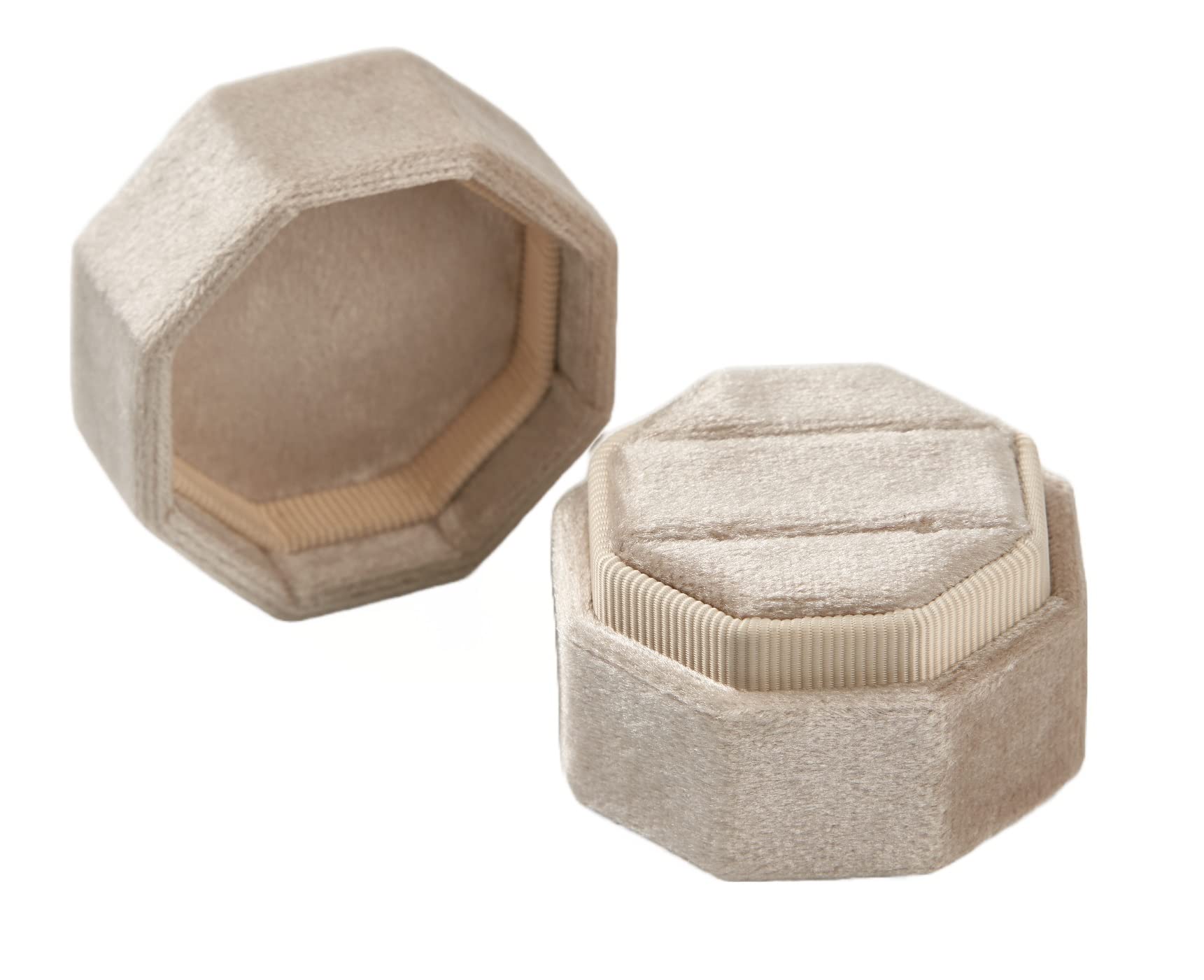 Pomeline Velvet Ring Box - Elegant Jewelry Storage Box with Dual Slots - Perfect for Proposals, Engagements & Weddings - Octagon Shape in Bridge Beige | Ideal for Wedding Proposals, Anniversary Gifts & Jewelry Display