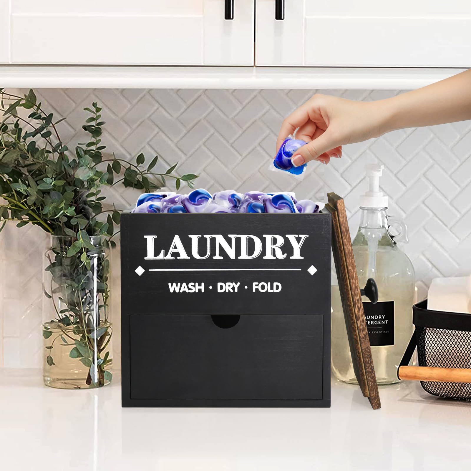 Wooden Dryer Sheet Holder with Drawer & Lid - Laundry Room Organizer for Dryer Sheets & Pods Storage - Wall Mounted Dispenser for Laundry Decor (Black) - Perfect for Small Spaces & Closet Organization