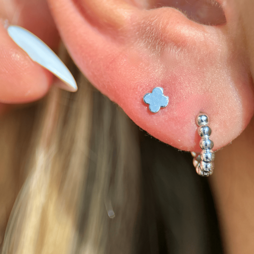 14K White Gold Clover Stud Earrings - Dainty & Elegant Flat Back Earrings for Women - Perfect for Everyday Wear, Parties & Gifts