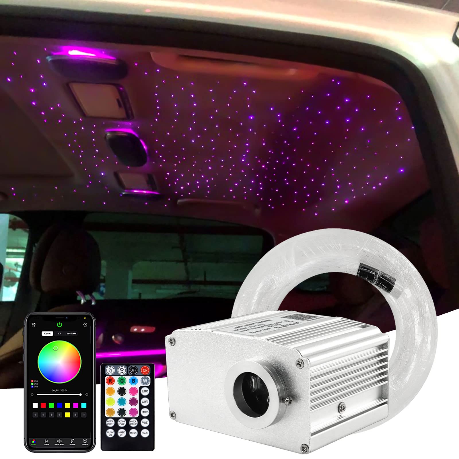 10W Twinkle Fiber Optic Car Headliner Kit - 200pcs 0.03in x 6.5ft Star Roof Lights with APP & Remote Music Control for DIY Car Interior Decoration & Romantic Ambience