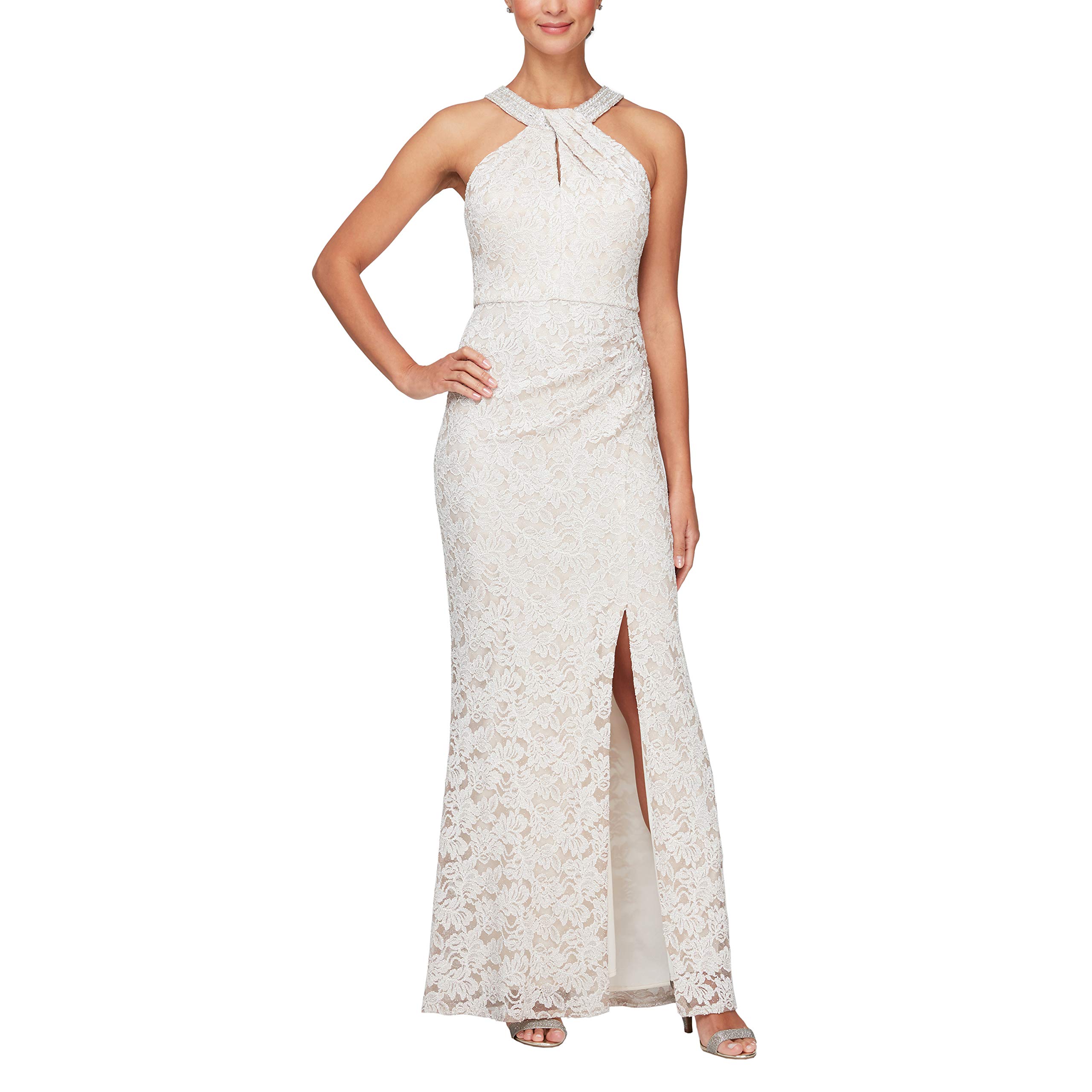 Alex Evenings Women's Long Crepe Formal Dress with Embellished Halter Neckline - Perfect for Evening Gowns, Cocktail Parties & Special Occasions