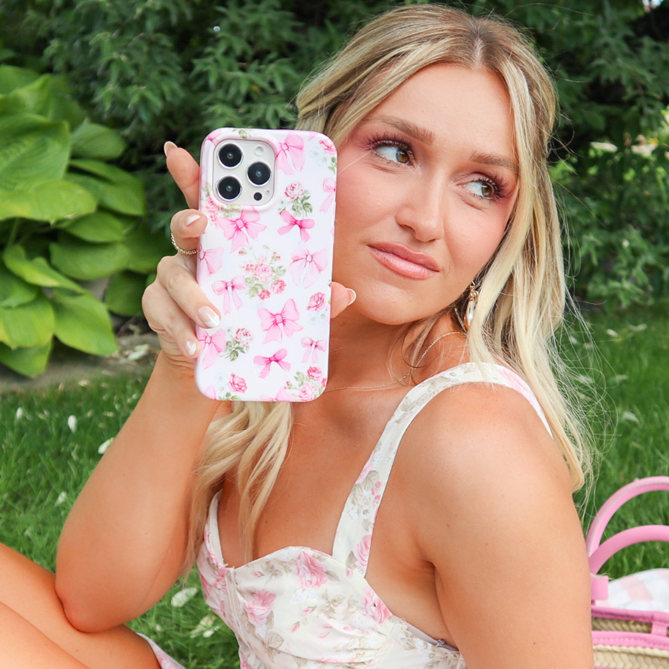Cute Posie Pink Bow iPhone Case - Elegant Floral Design for iPhone 14/13/12/11 Pro Max XR XS - Perfect Gift for Women Girls (Office, School, Travel)