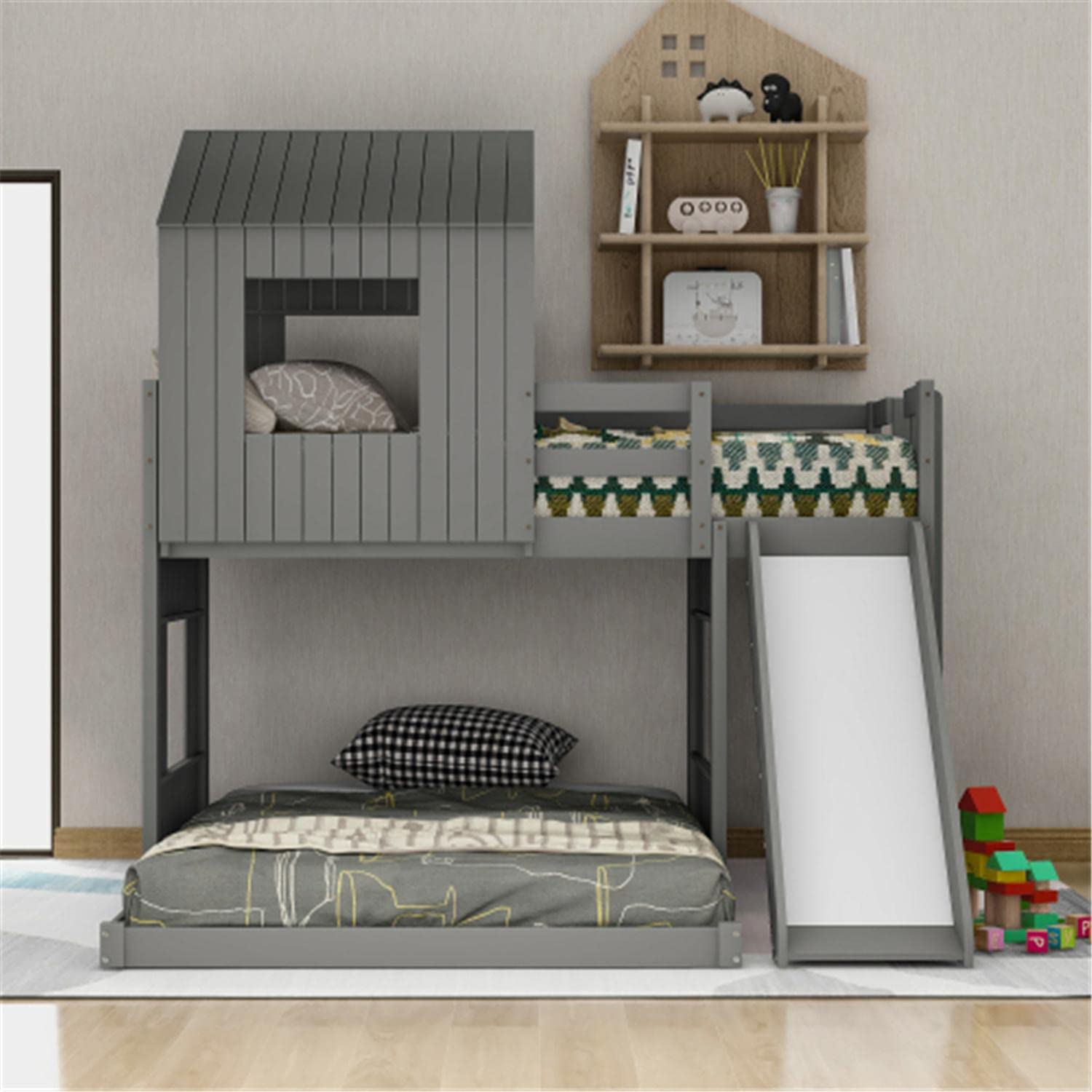 Twin Over Full Bunk Bed with Slide, Ladder & Guardrail - House-Shaped Loft Bed with Roof & Windows for Teens, Boys & Girls (Gray) - Perfect for Kids' Bedrooms, Playrooms & Space-Saving Solutions