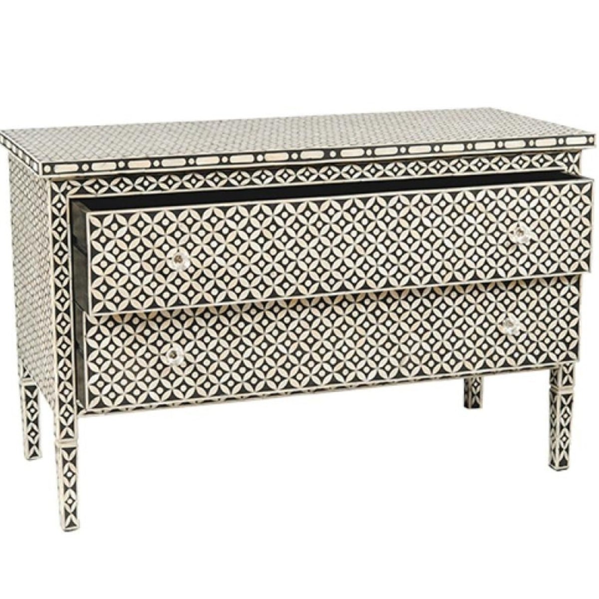 Handmade Bone Inlay Geometric Pattern Dresser with Two Drawers - Black & White Vintage Style Bedroom Furniture for Home Decor & Storage