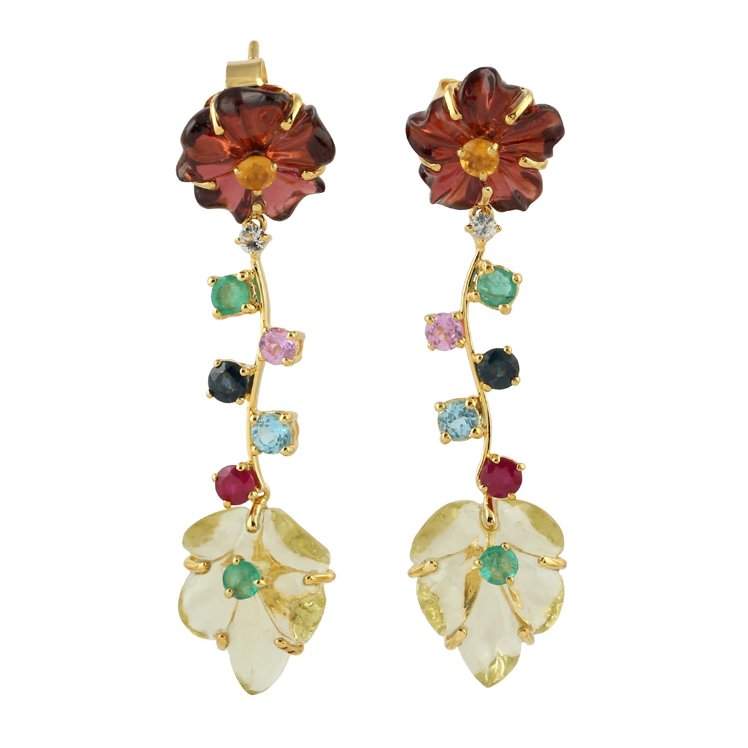 Hand Carved 18K Yellow Gold Floral Dangler Earrings with Multiple Gemstones for Women - Perfect for Weddings, Parties & Special Occasions